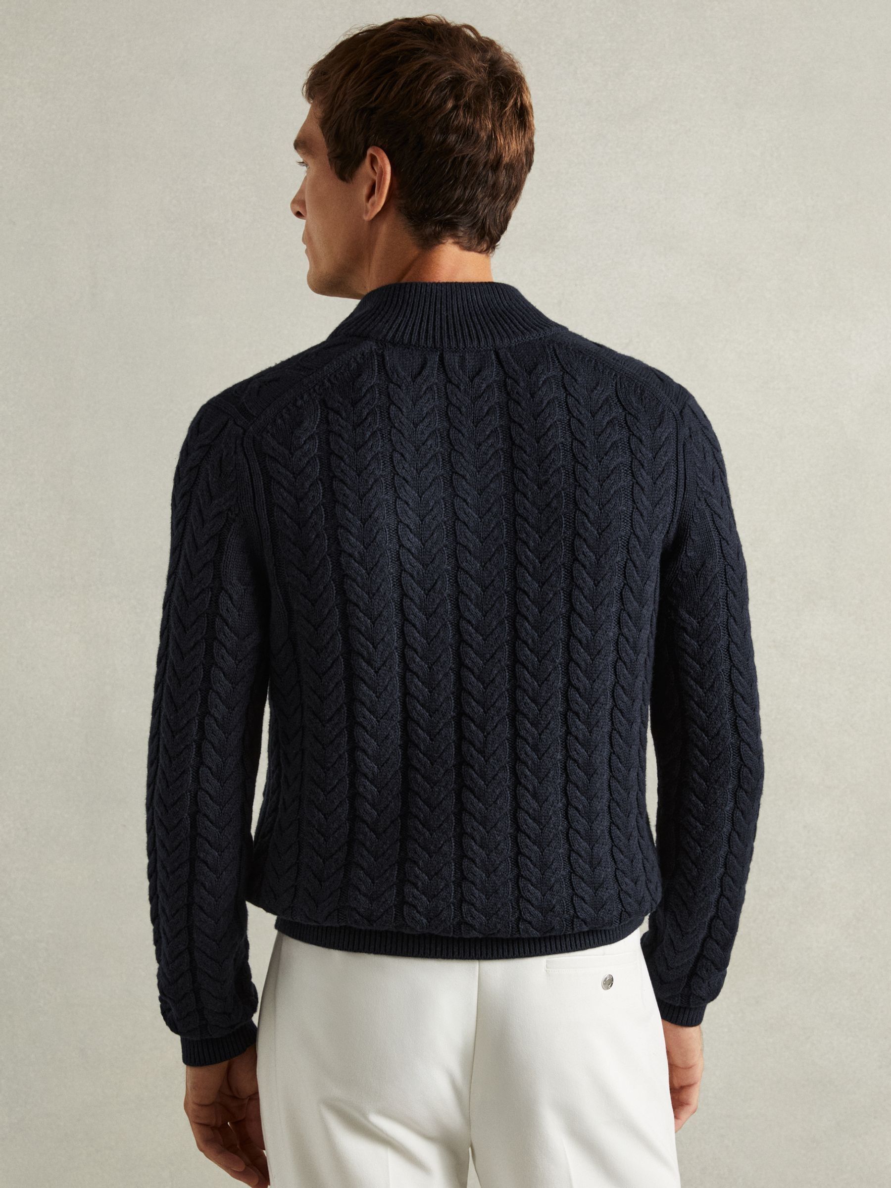 Cabled Zip-Neck Jumper with Cotton and Wool in Navy - Image 5 of 6