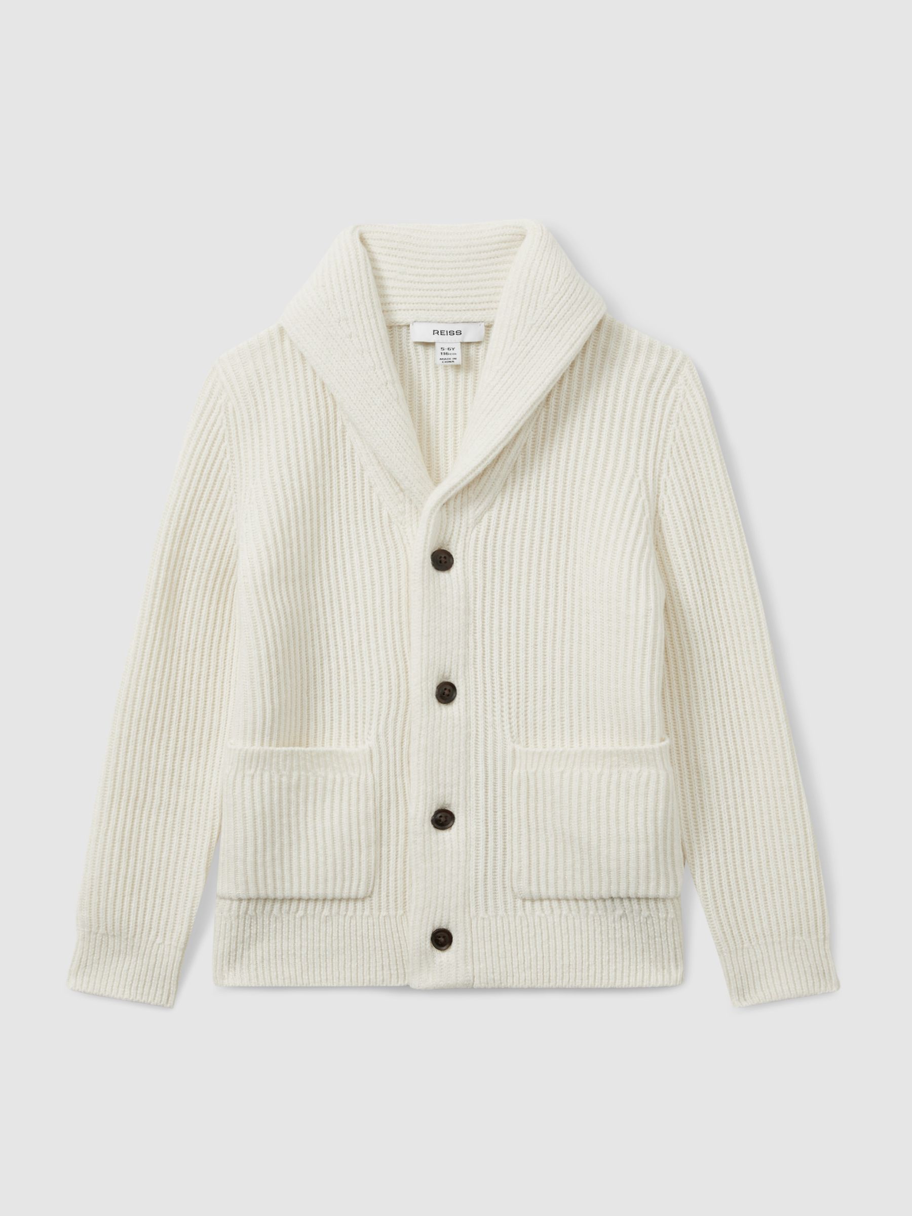 13-14 yrs Ribbed Shawl Cardigan With Merino Wool in Off White - Image 1 of 4
