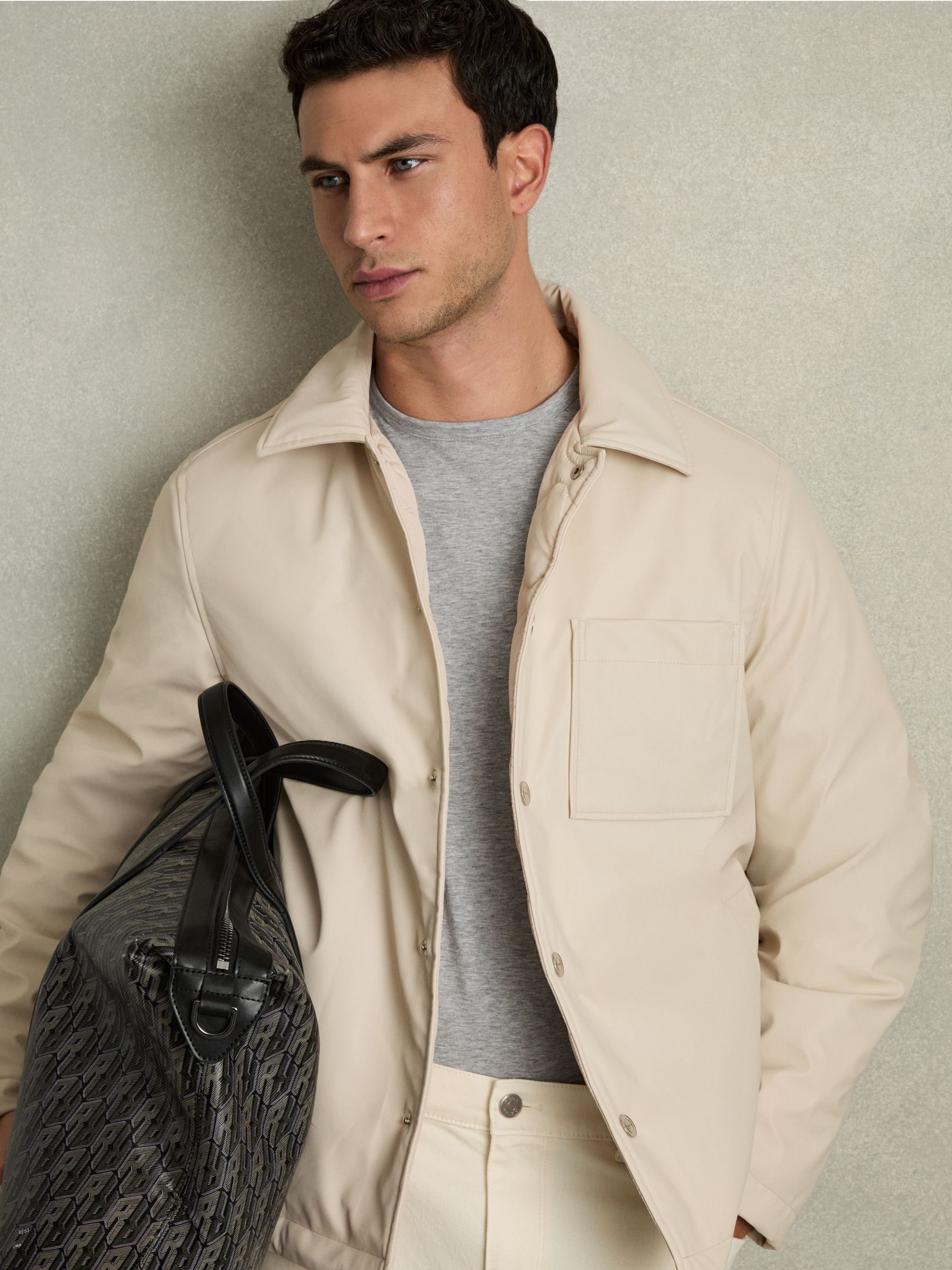 Padded Technical Press-Stud Overshirt in Stone - Image 1 of 8