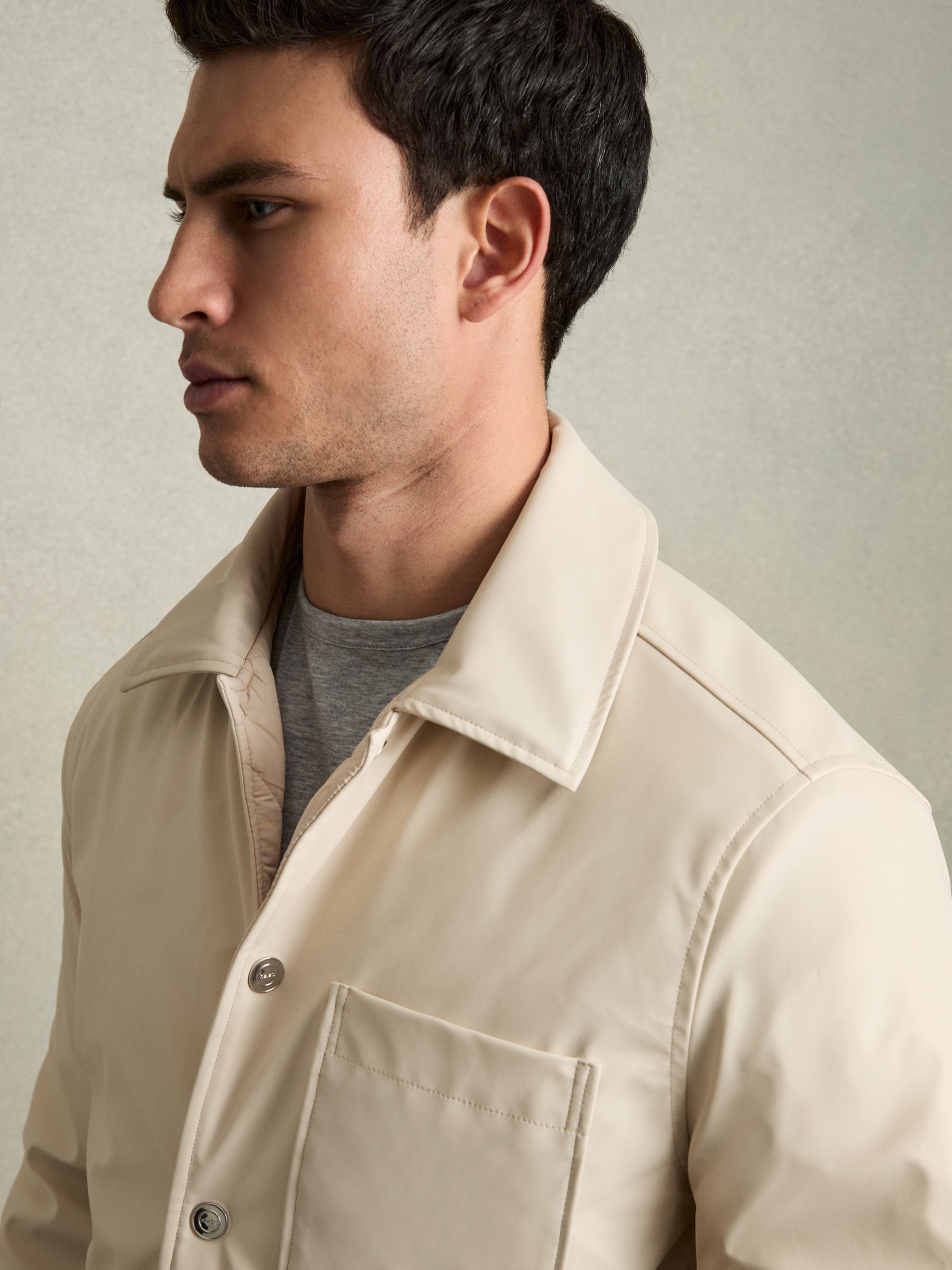 Padded Technical Press-Stud Overshirt in Stone - Image 4 of 8