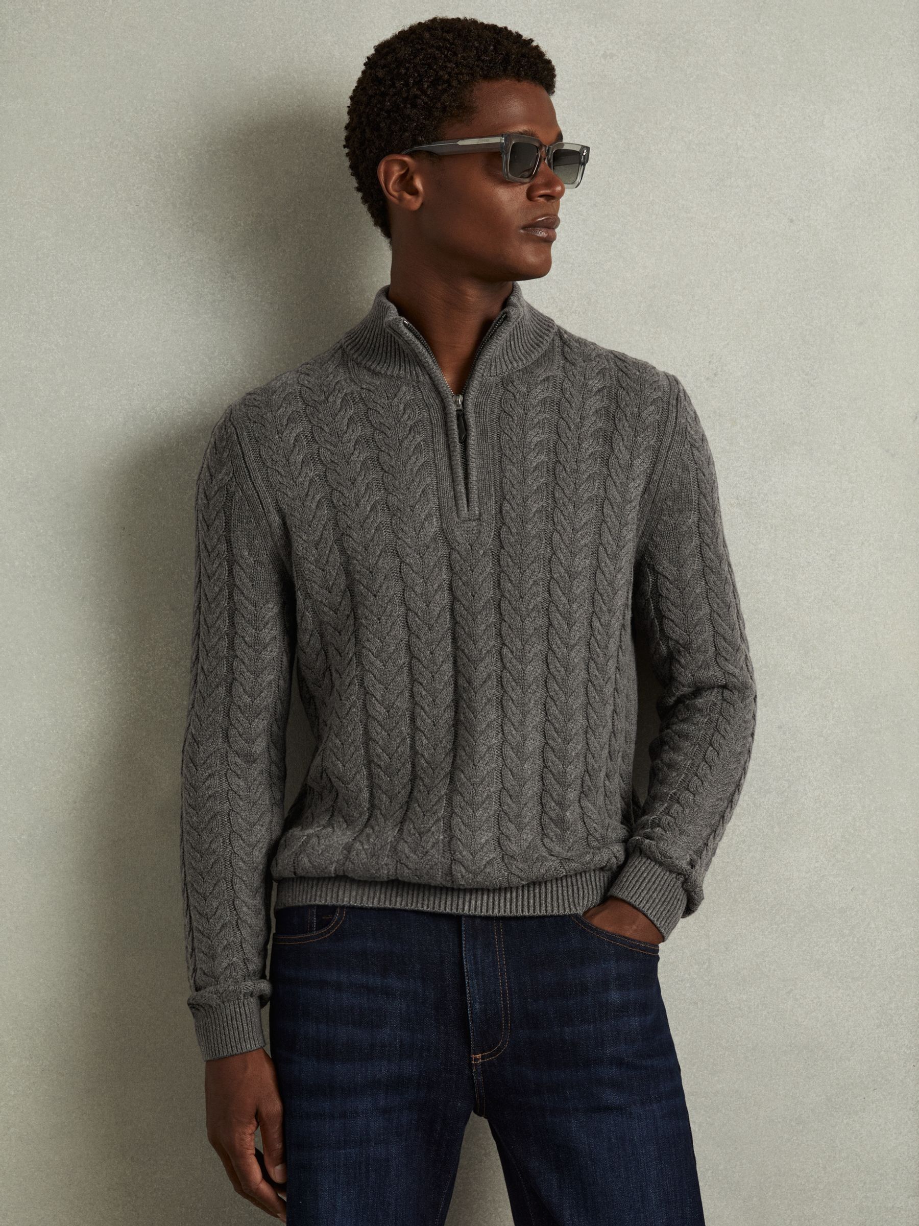 Cabled Zip-Neck Jumper with Cotton and Wool in Mid Grey Melange - Image 1 of 6