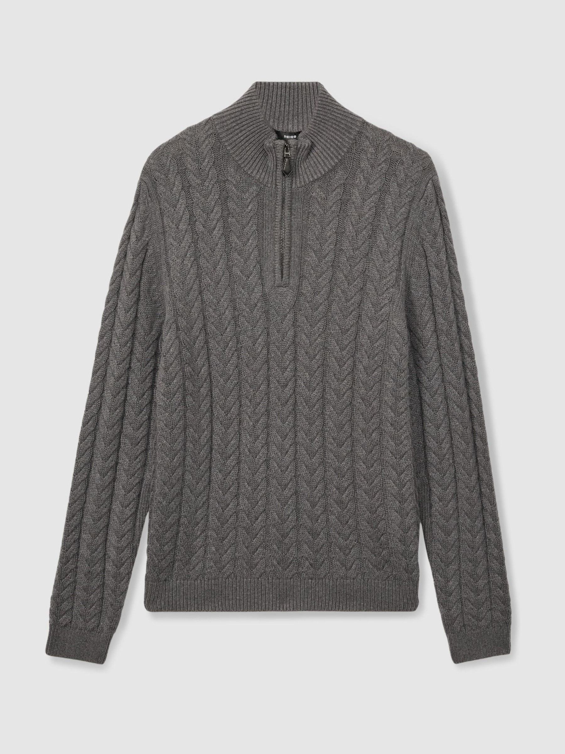 Cabled Zip-Neck Jumper with Cotton and Wool in Mid Grey Melange - Image 2 of 6 Cabled Zip-Neck Jumper with Cotton and Wool in Mid Grey Melange - Image 2 of 6