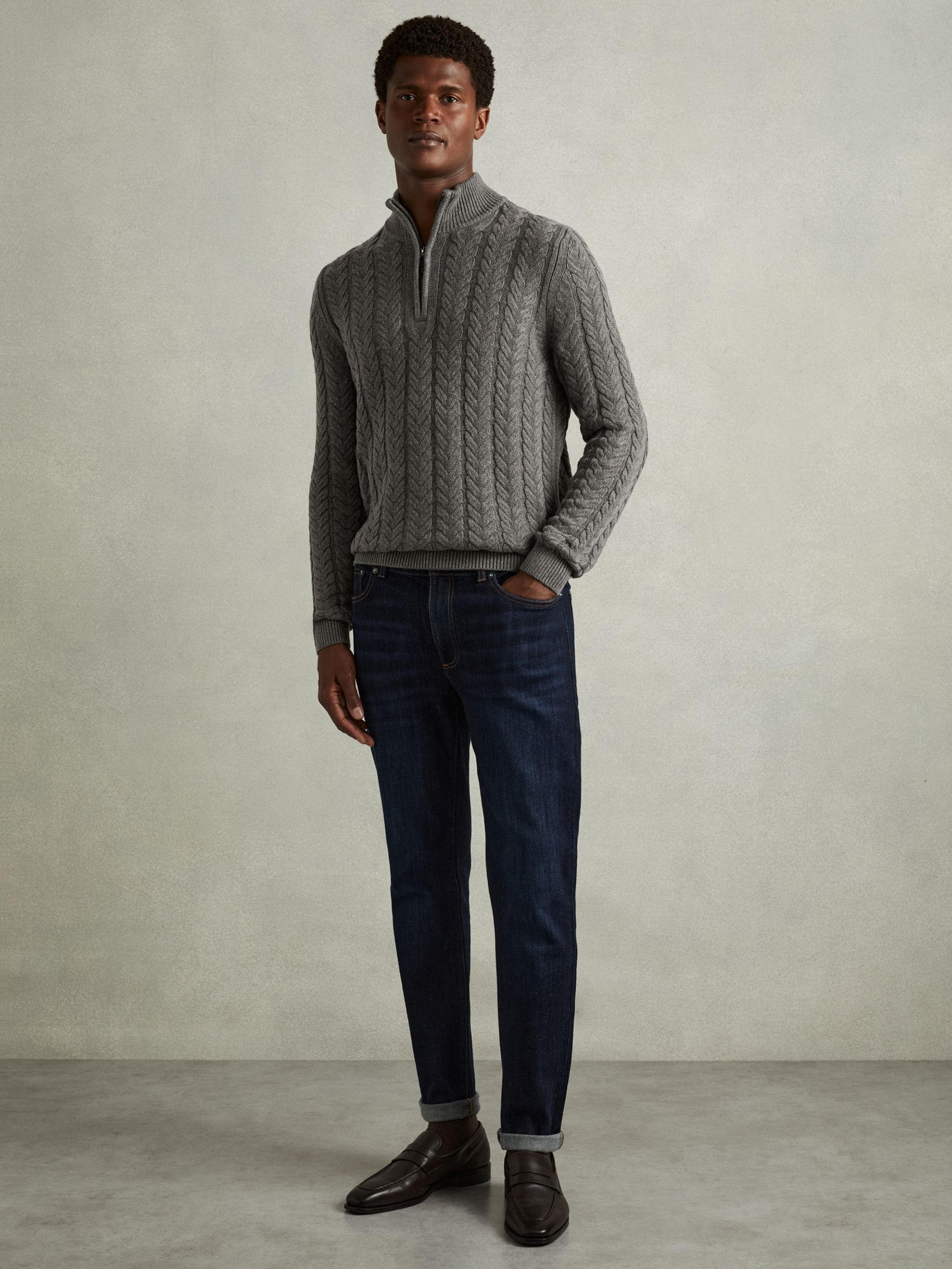 Cabled Zip-Neck Jumper with Cotton and Wool in Mid Grey Melange - Image 3 of 6