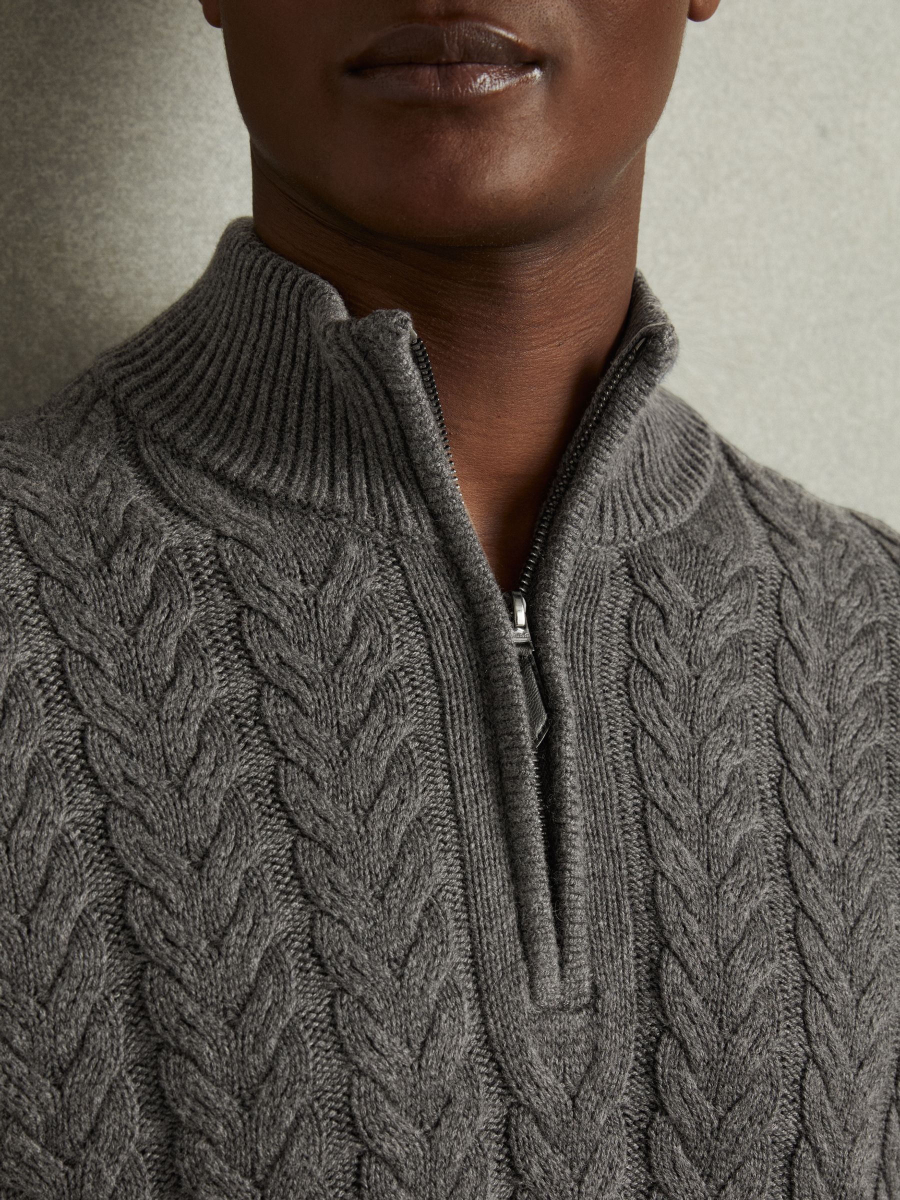 Cabled Zip-Neck Jumper with Cotton and Wool in Mid Grey Melange - Image 4 of 6