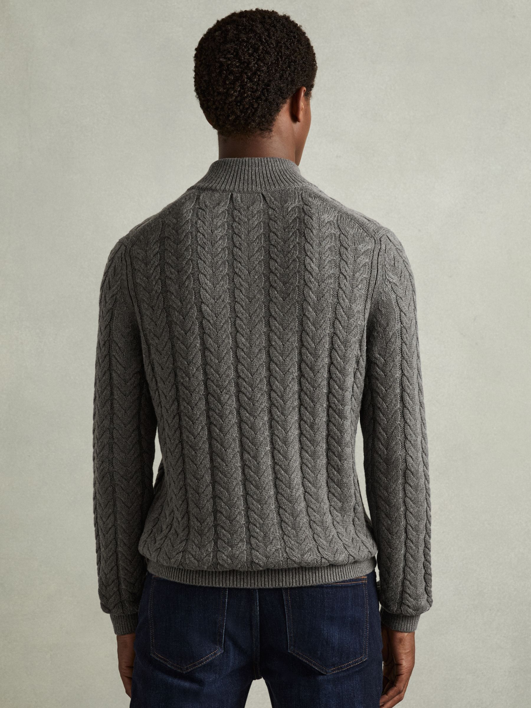 Cabled Zip-Neck Jumper with Cotton and Wool in Mid Grey Melange - Image 5 of 6
