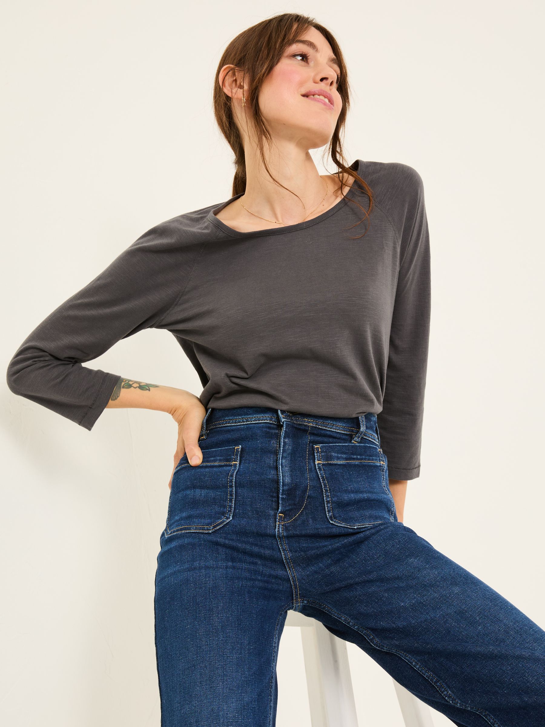 Ava Charcoal Grey 100% Cotton 3/4 Sleeve T-Shirt - Image 3 of 5
