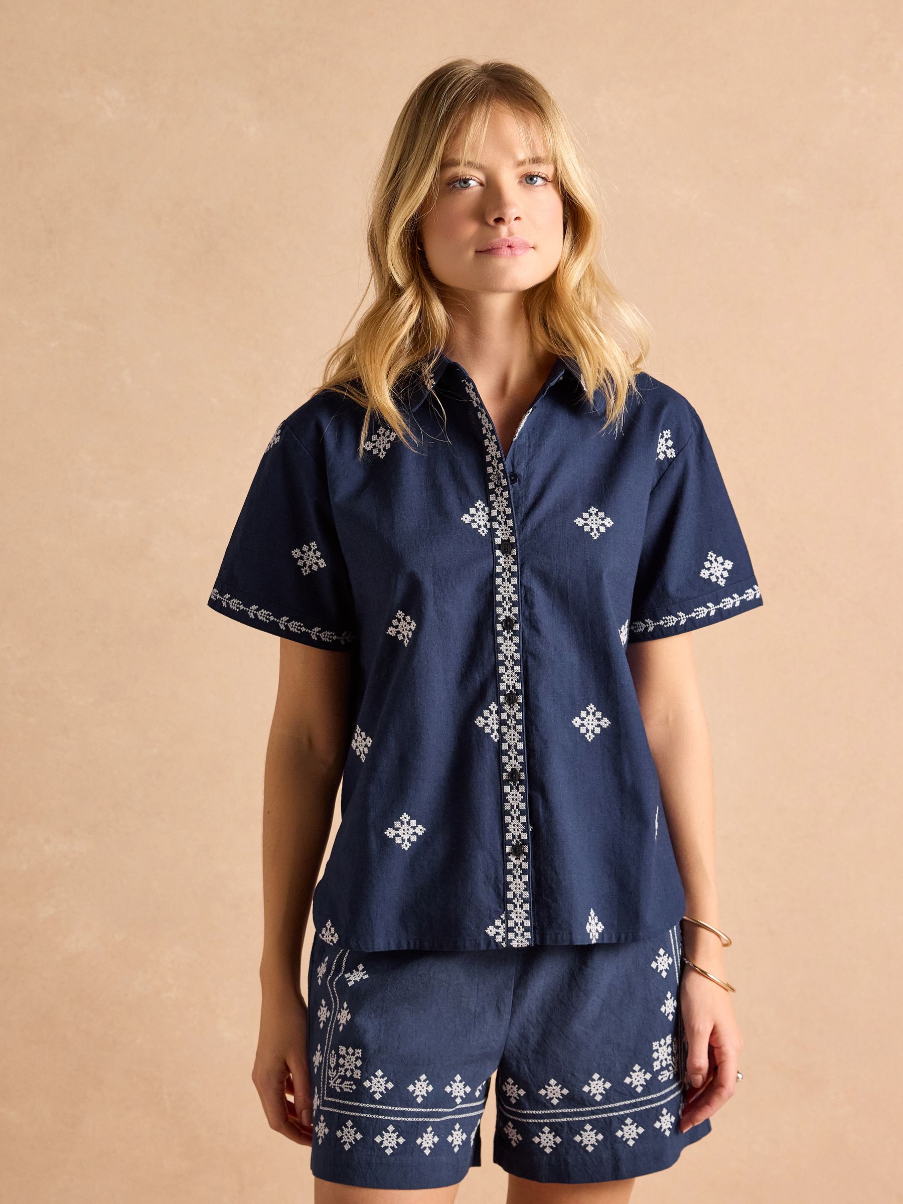 Emilie Navy Embroidered Shirt - Image 1 of 7 Emilie Navy Embroidered Shirt - Image 1 of 7