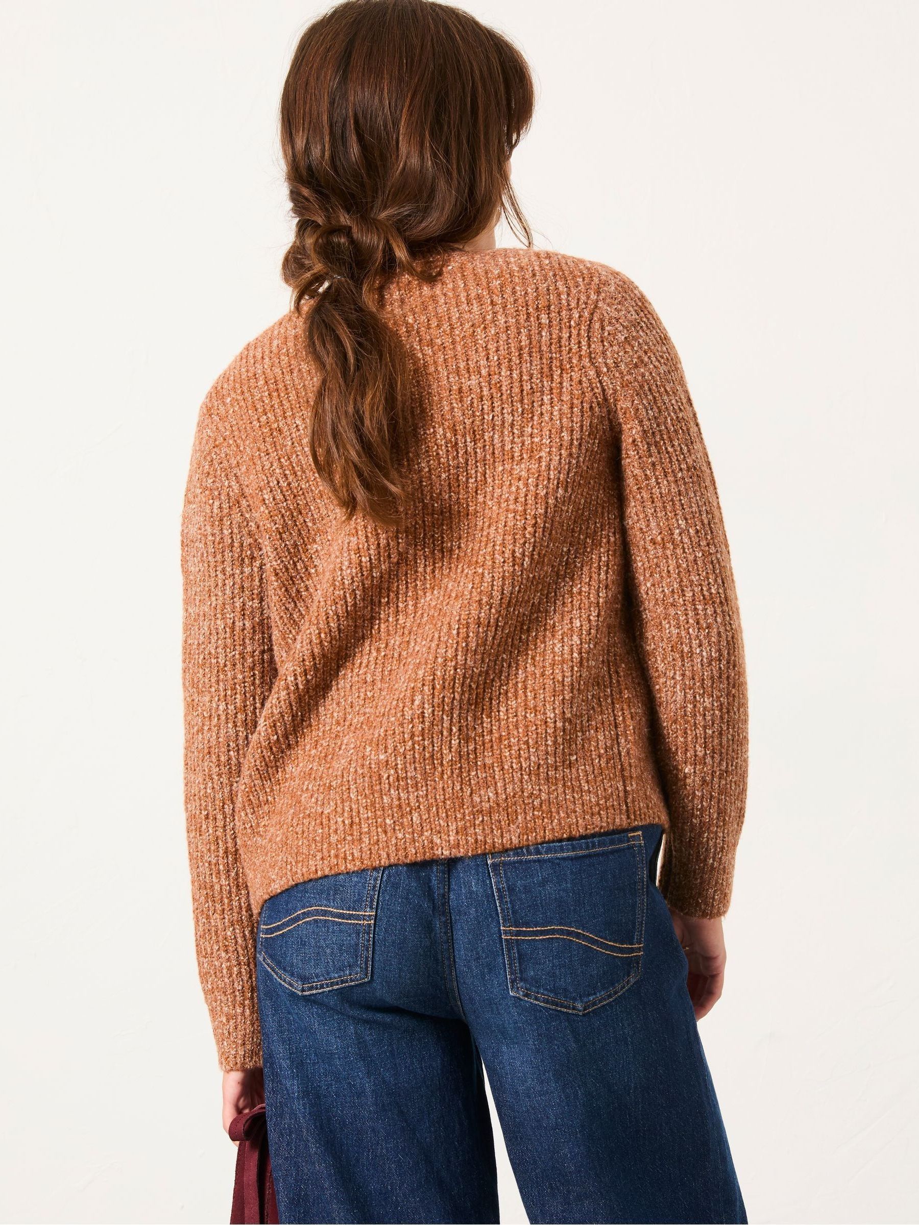 Faye Tan Brown Ribbed Crew Neck Knitted Cardigan - Image 2 of 6