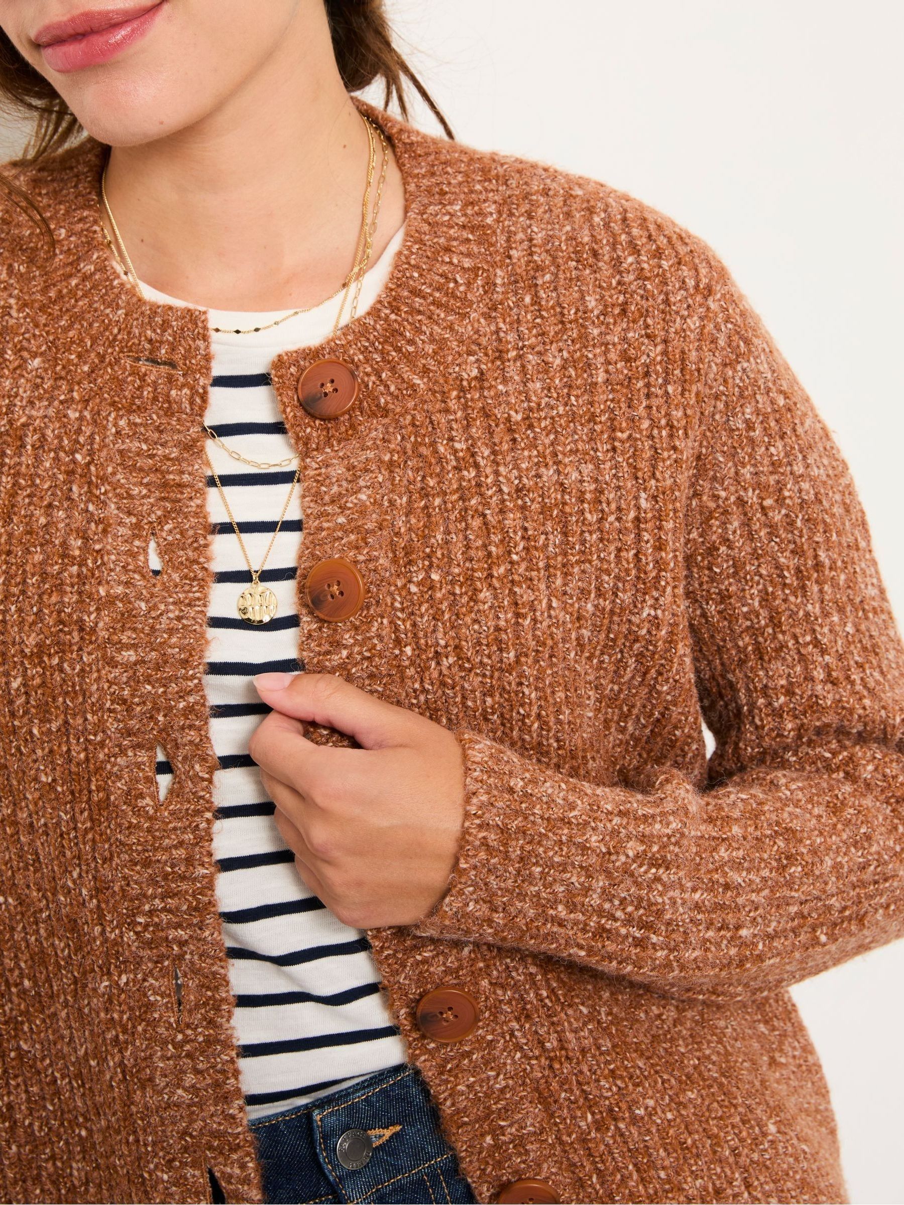 Faye Tan Brown Ribbed Crew Neck Knitted Cardigan - Image 3 of 6