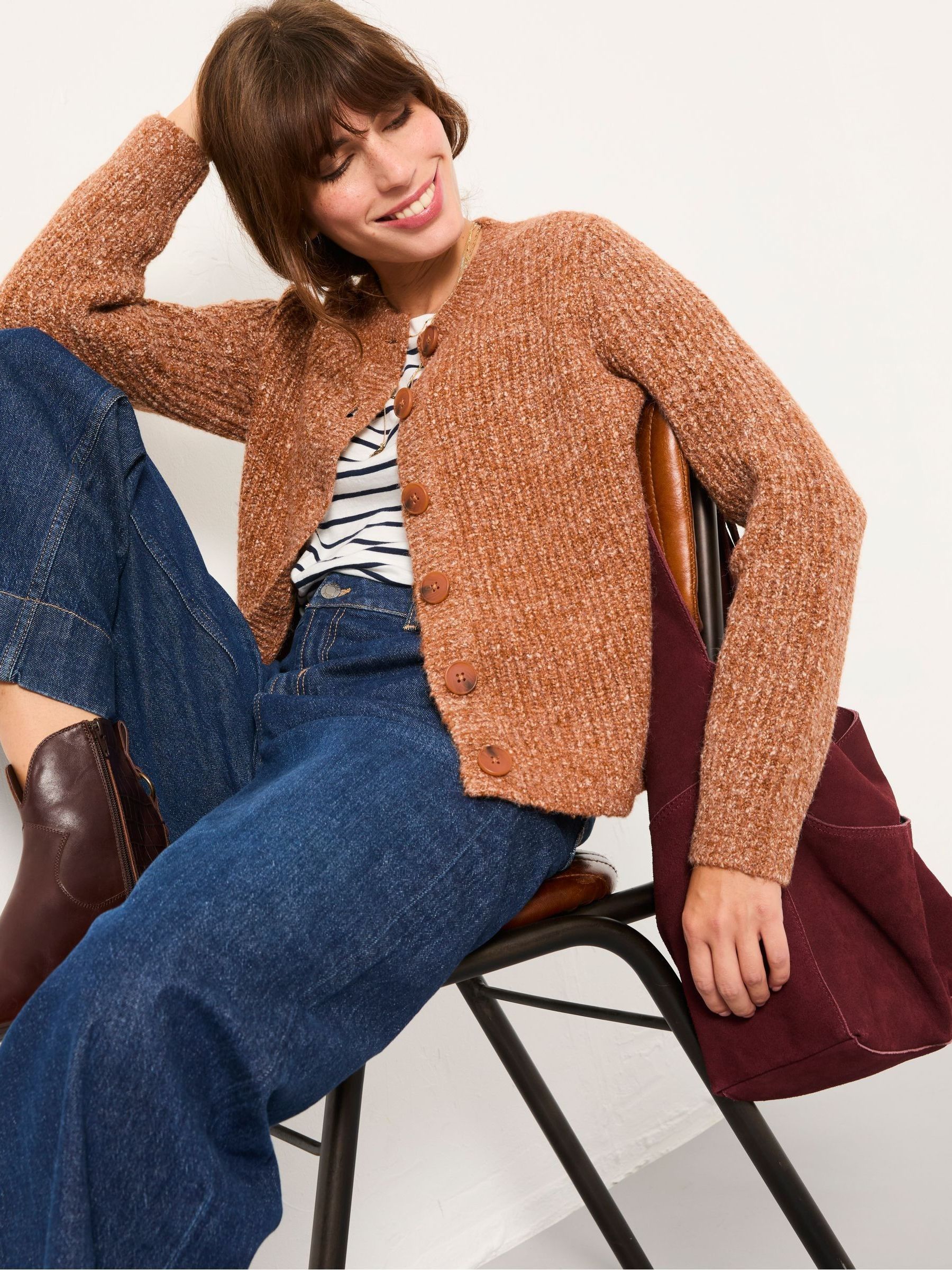 Faye Tan Brown Ribbed Crew Neck Knitted Cardigan - Image 4 of 6