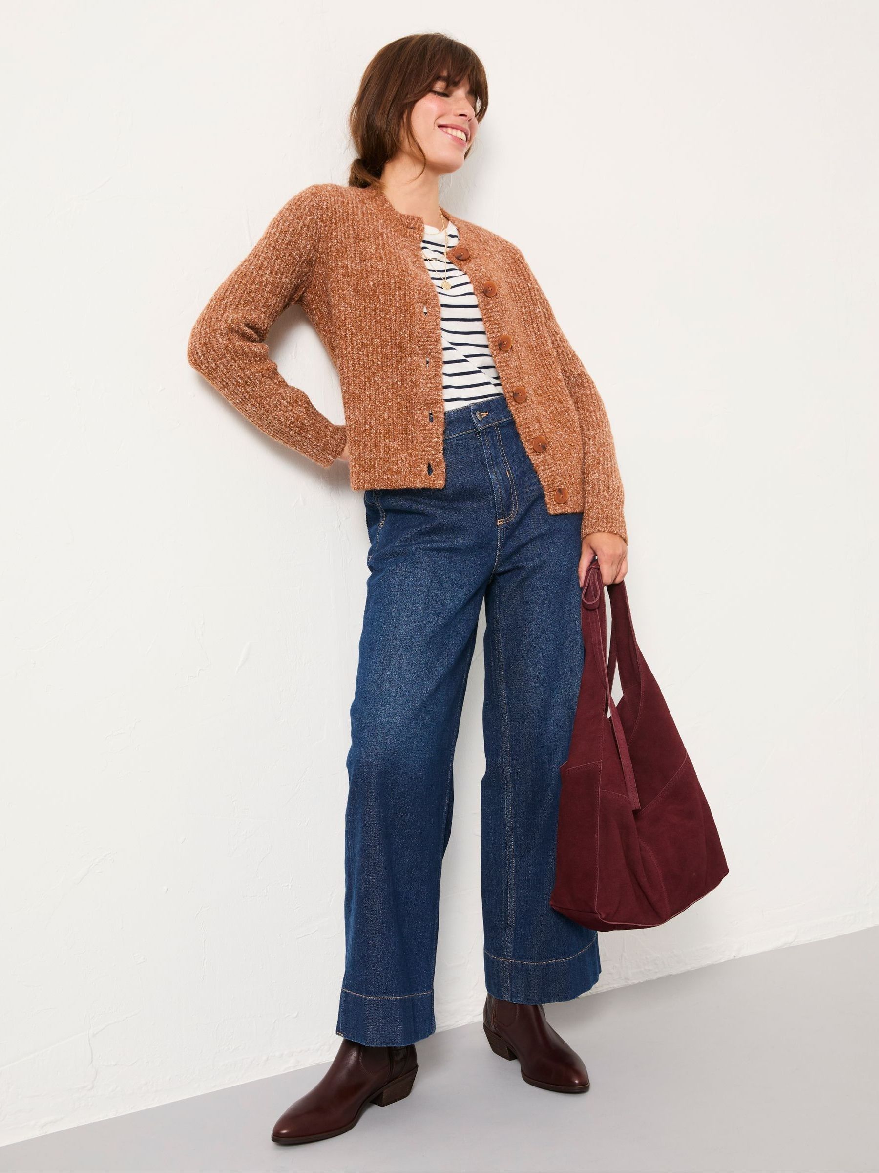 Faye Tan Brown Ribbed Crew Neck Knitted Cardigan - Image 5 of 6