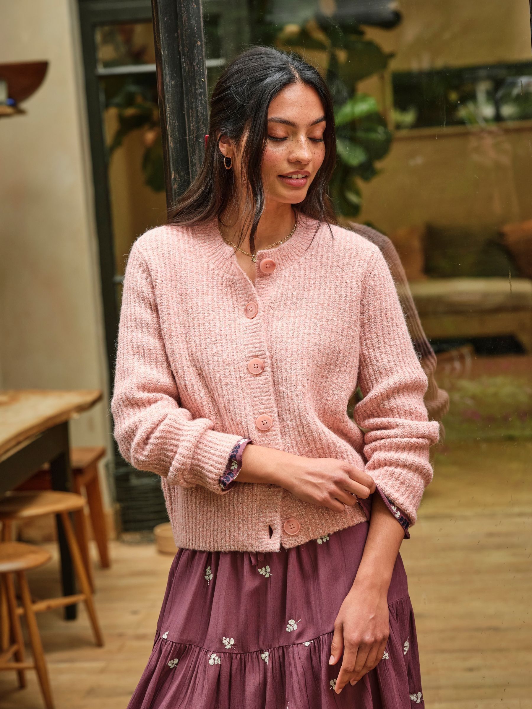 Faye Rose Pink Ribbed Crew Neck Knitted Cardigan | FatFace
