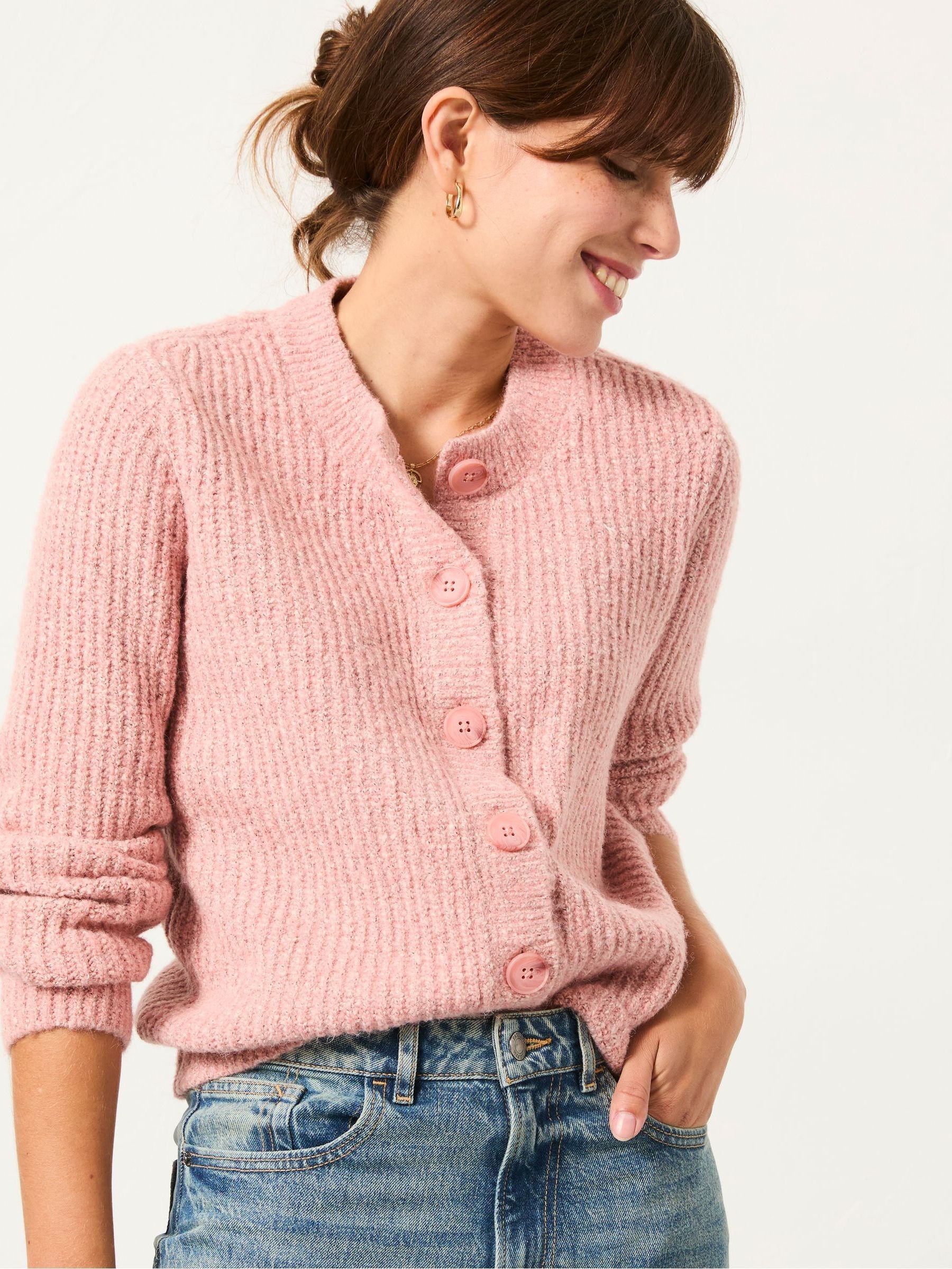 Faye Rose Pink Ribbed Crew Neck Knitted Cardigan - Image 2 of 6
