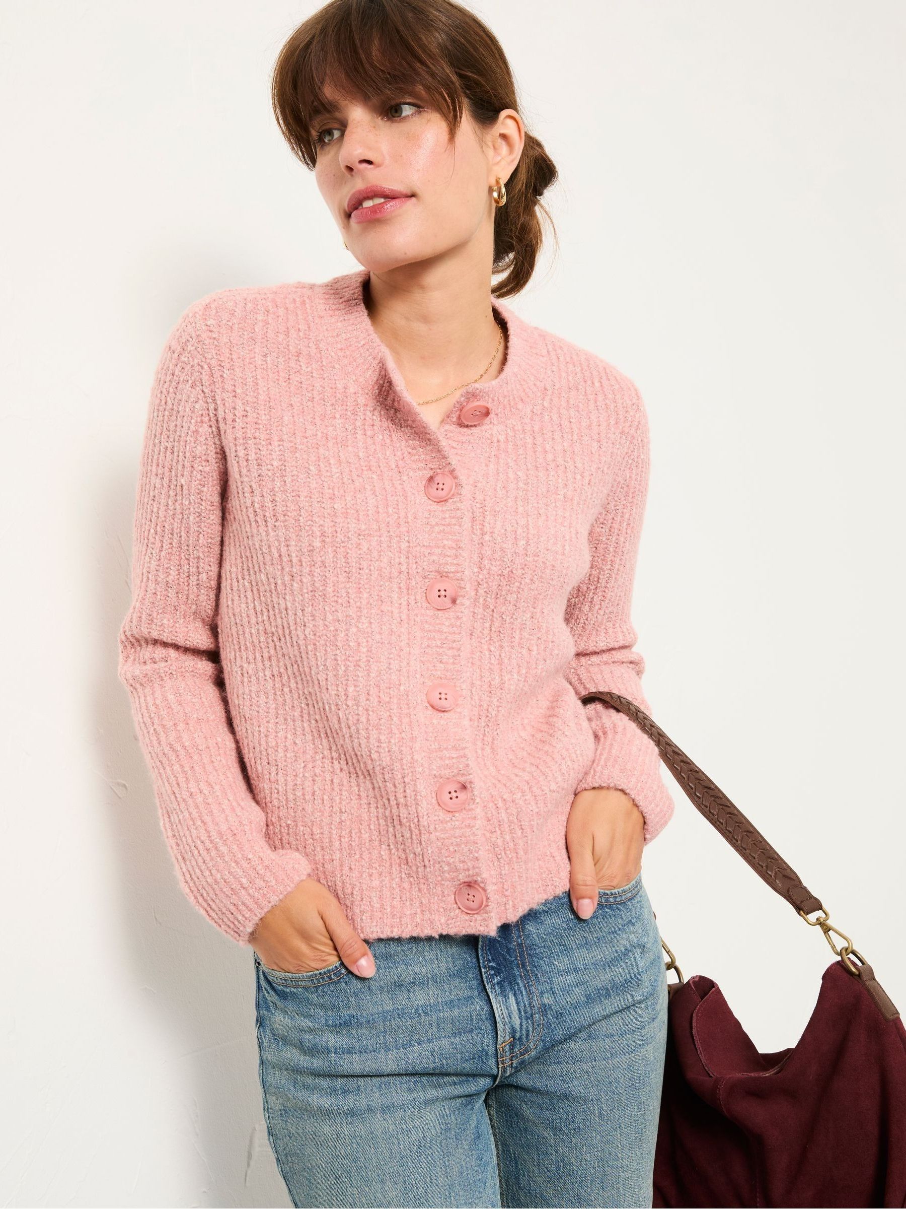 Faye Rose Pink Ribbed Crew Neck Knitted Cardigan - Image 5 of 6