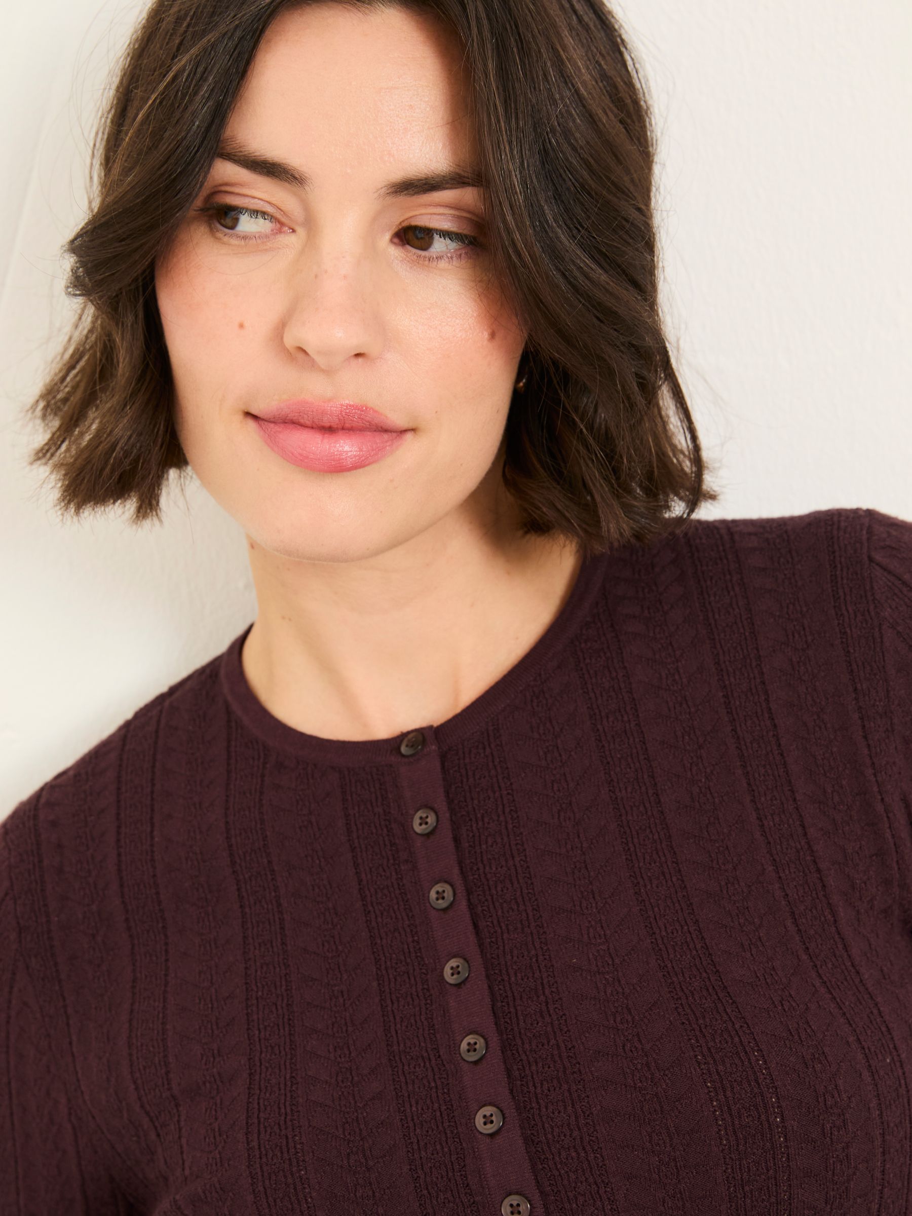 Mae Chocolate Brown Knitted Textured Henley Crew Neck Jumper