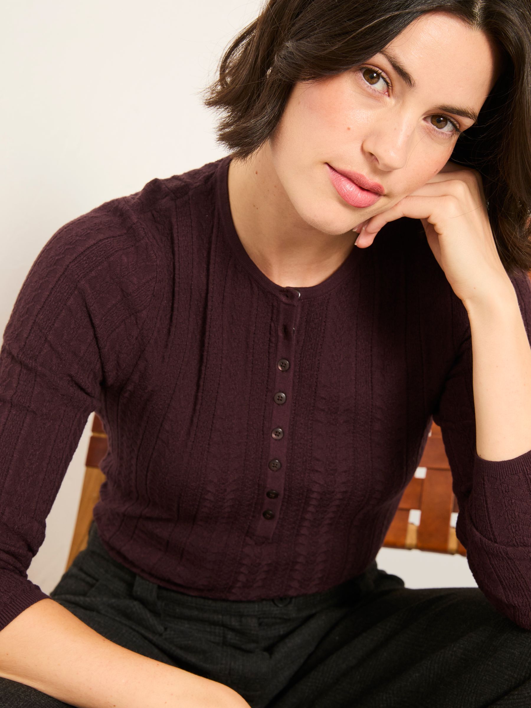 Mae Chocolate Brown Knitted Textured Henley Crew Neck Jumper 