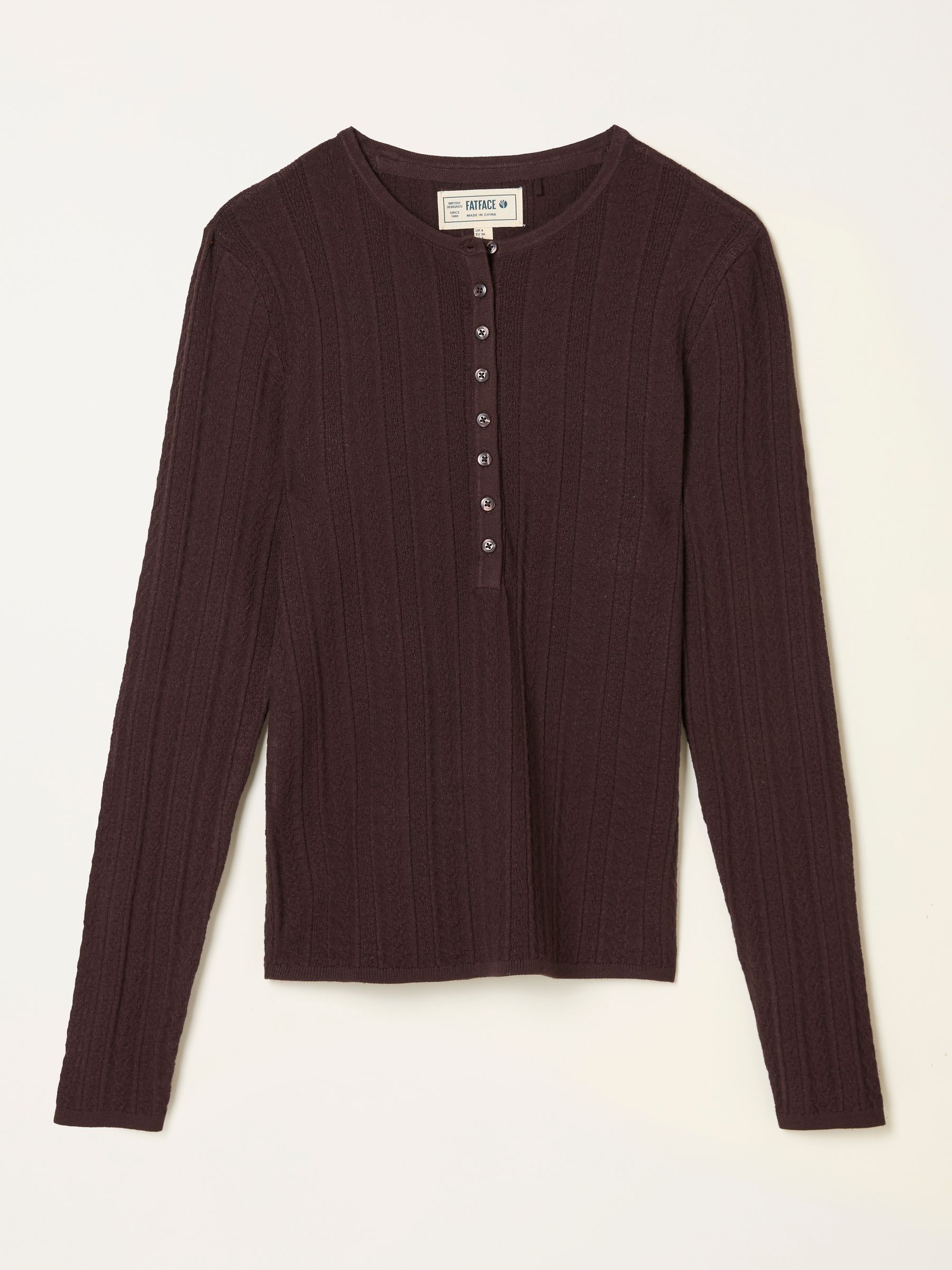 Mae Chocolate Brown Knitted Textured Henley Crew Neck Jumper