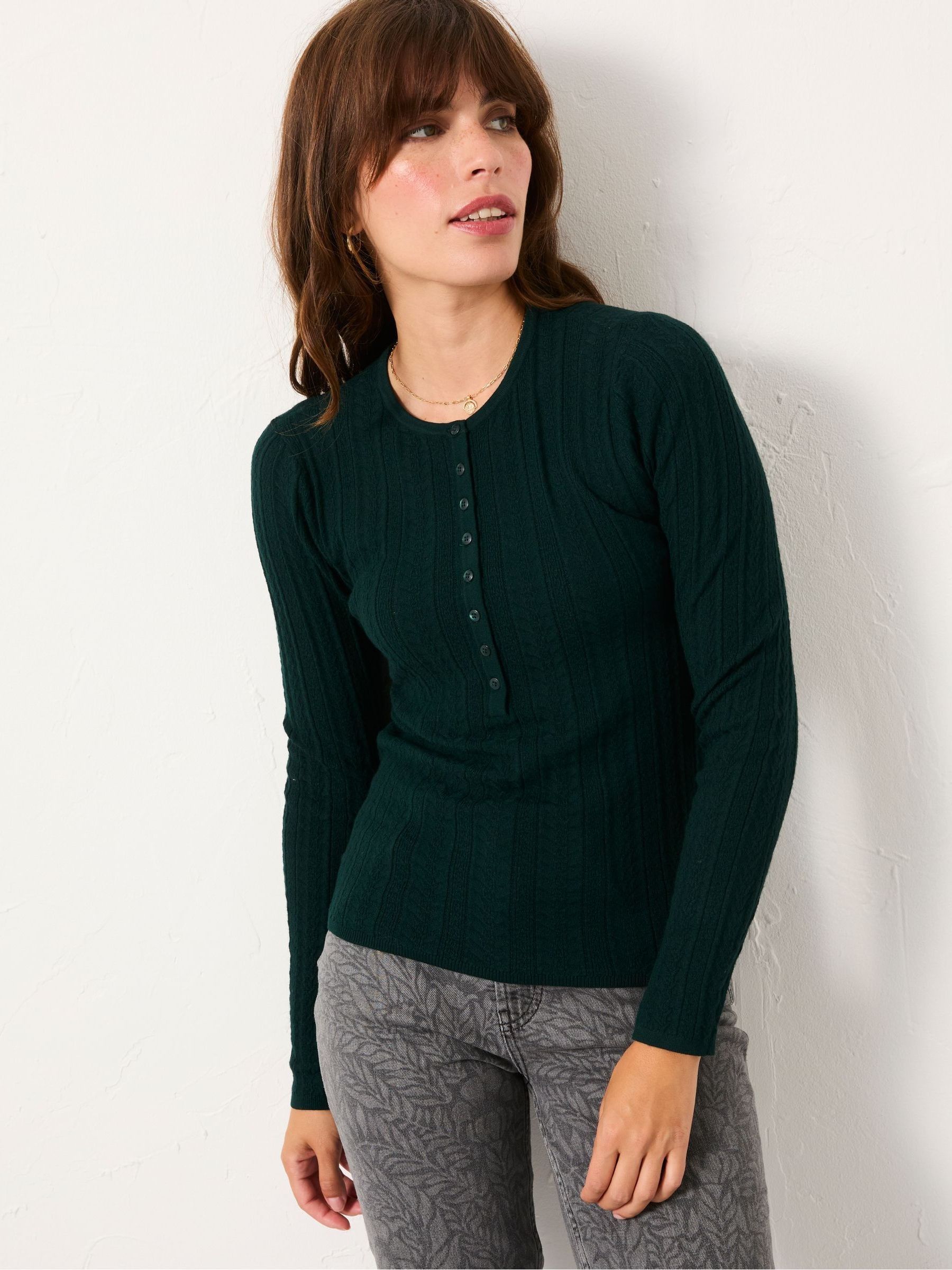 Knitted Textured Henley Crew Neck Jumper