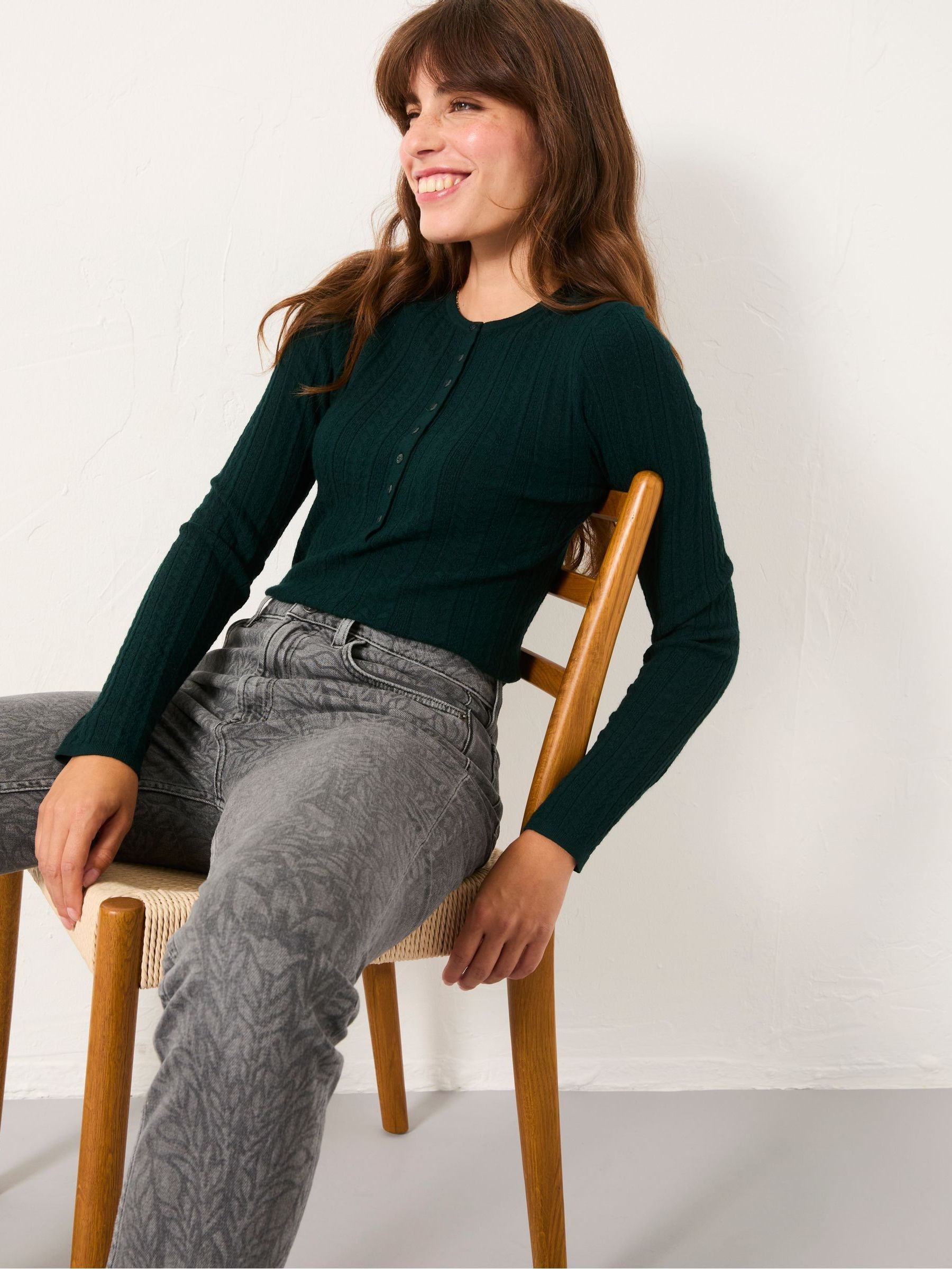 Mae Jade Green Knitted Textured Henley Jumper - Image 3 of 4
