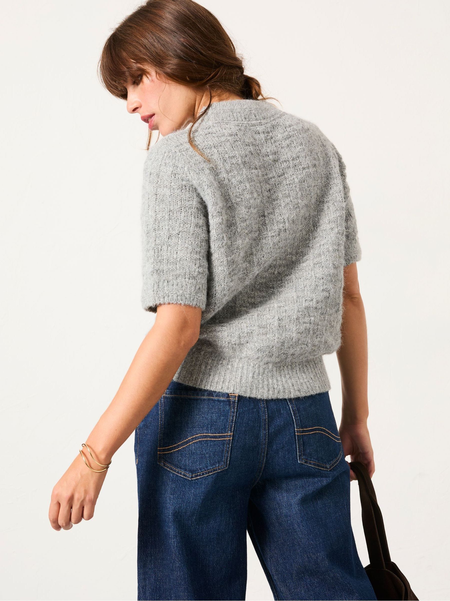 Keira Mid Grey Fluffy Short Sleeve Knitted T Shirt - Image 2 of 6