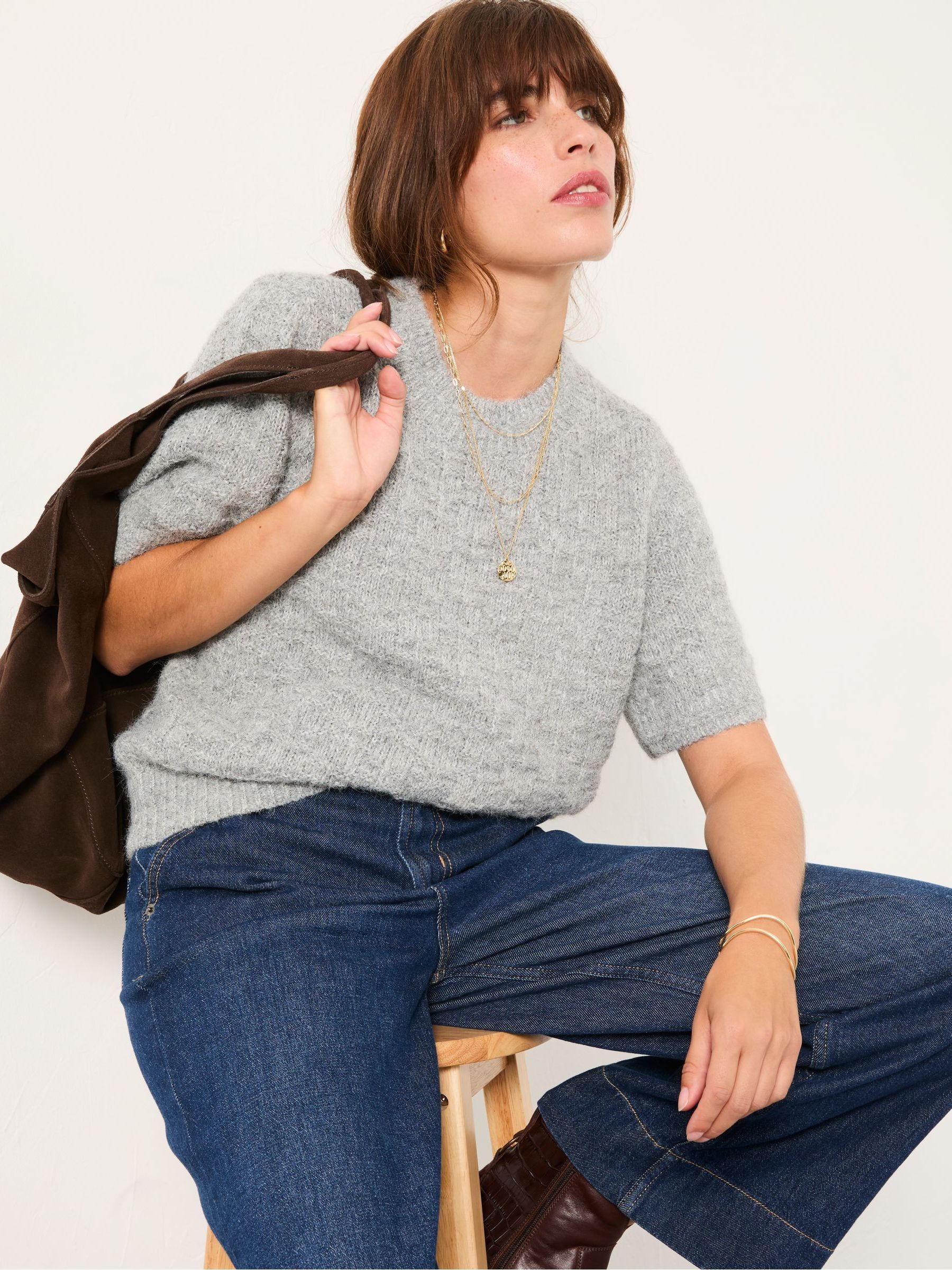 Keira Mid Grey Fluffy Short Sleeve Knitted T Shirt - Image 3 of 6