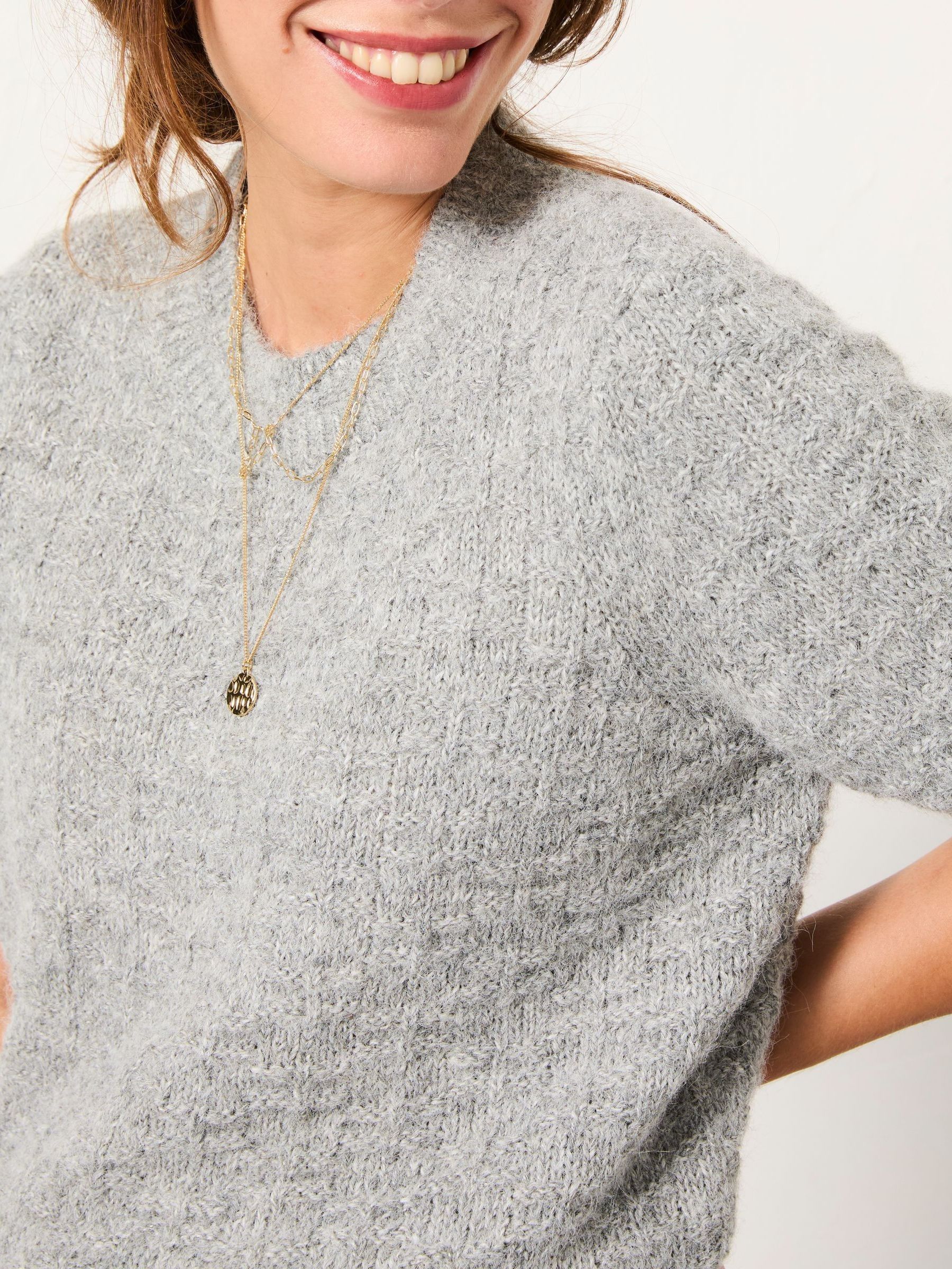 Keira Mid Grey Fluffy Short Sleeve Knitted T Shirt - Image 4 of 6