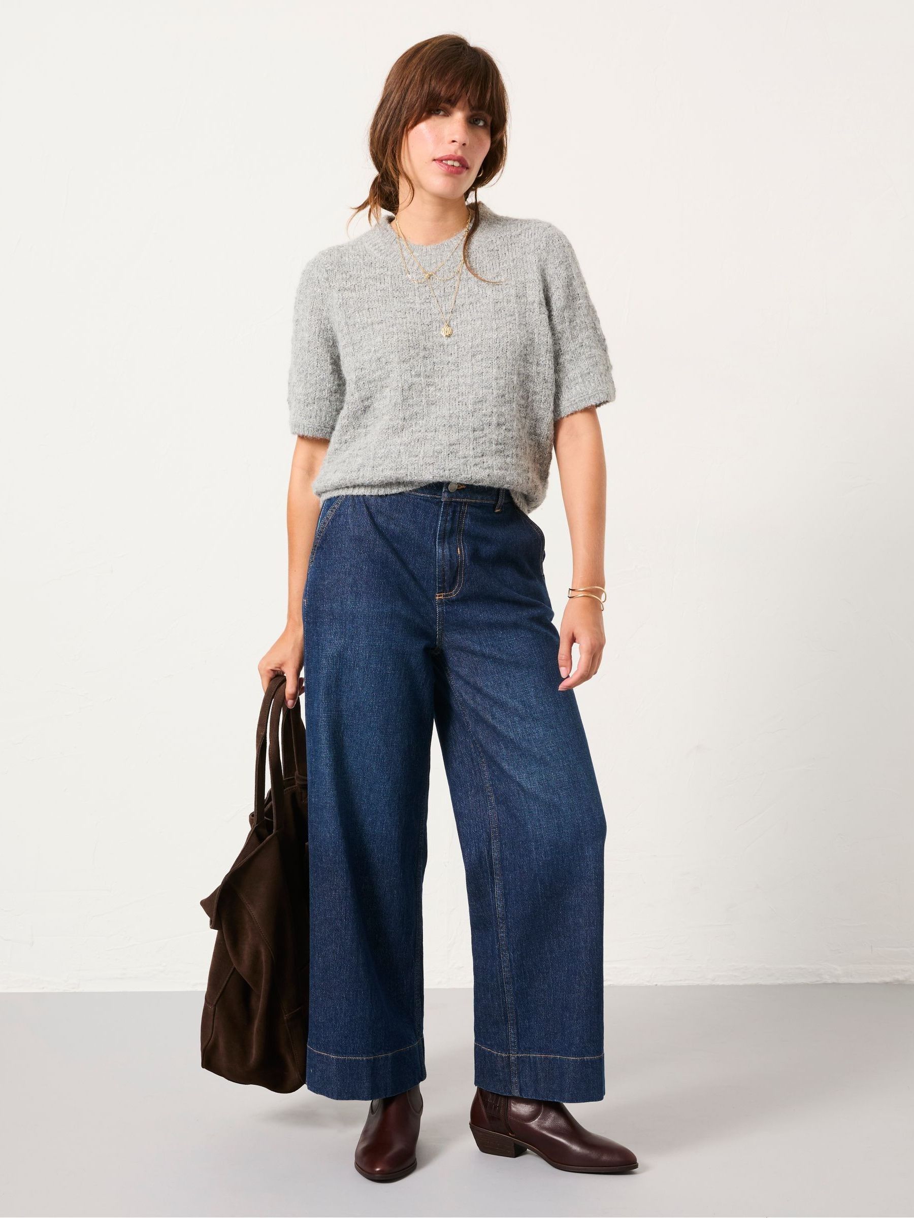 Keira Mid Grey Fluffy Short Sleeve Knitted T Shirt - Image 5 of 6