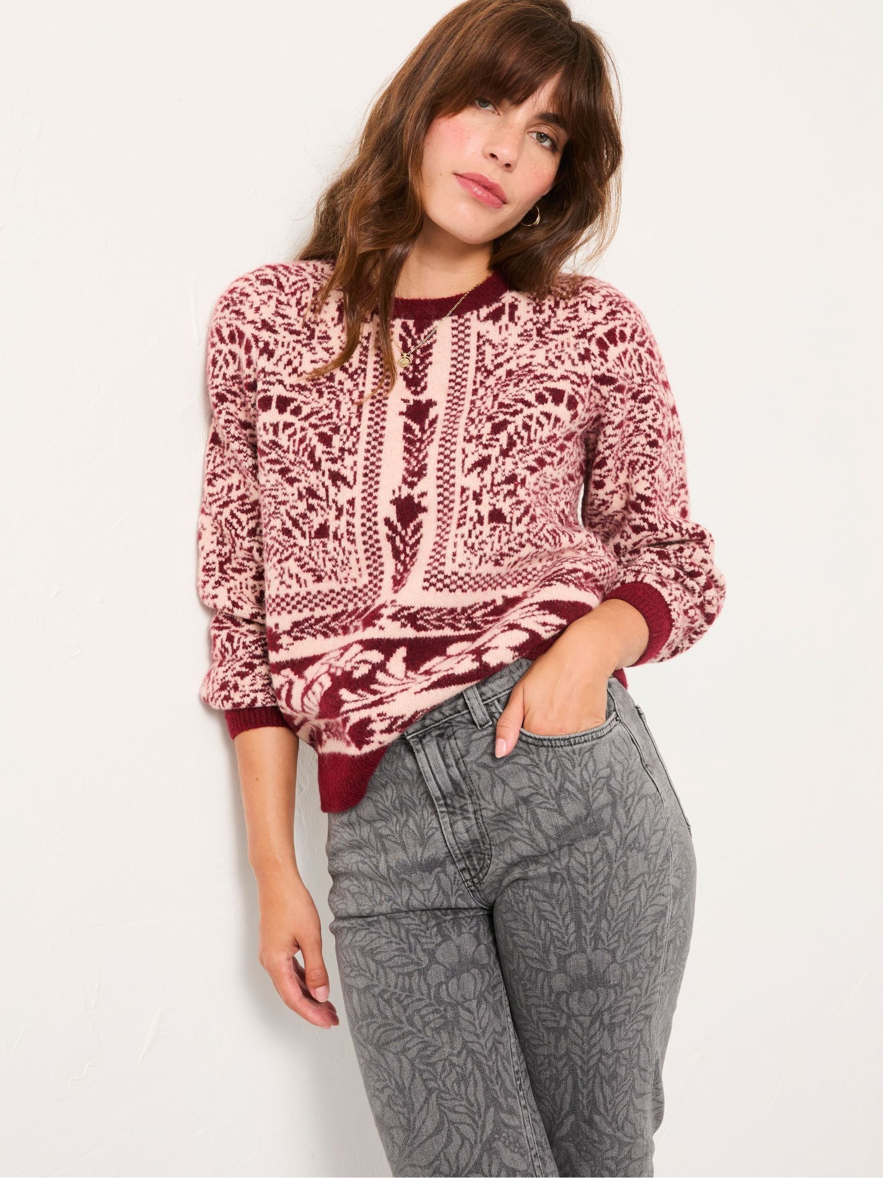 Burgundy Red Floral Bouquet Knitted Crew Neck Jumper - Image 2 of 7
