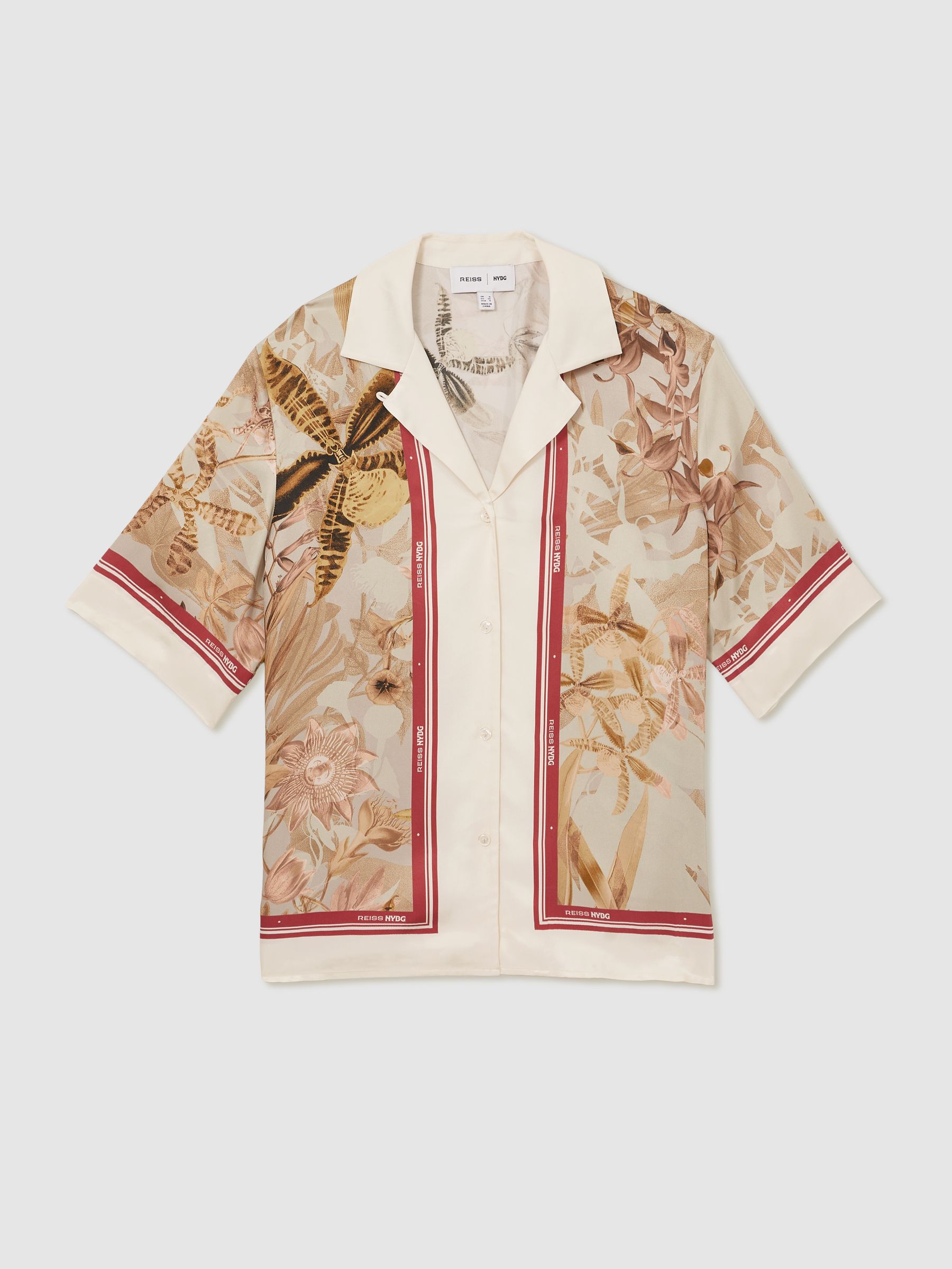 Reiss | NYBG Satin Floral-Print Shirt in Light Khaki - Image 2 of 7