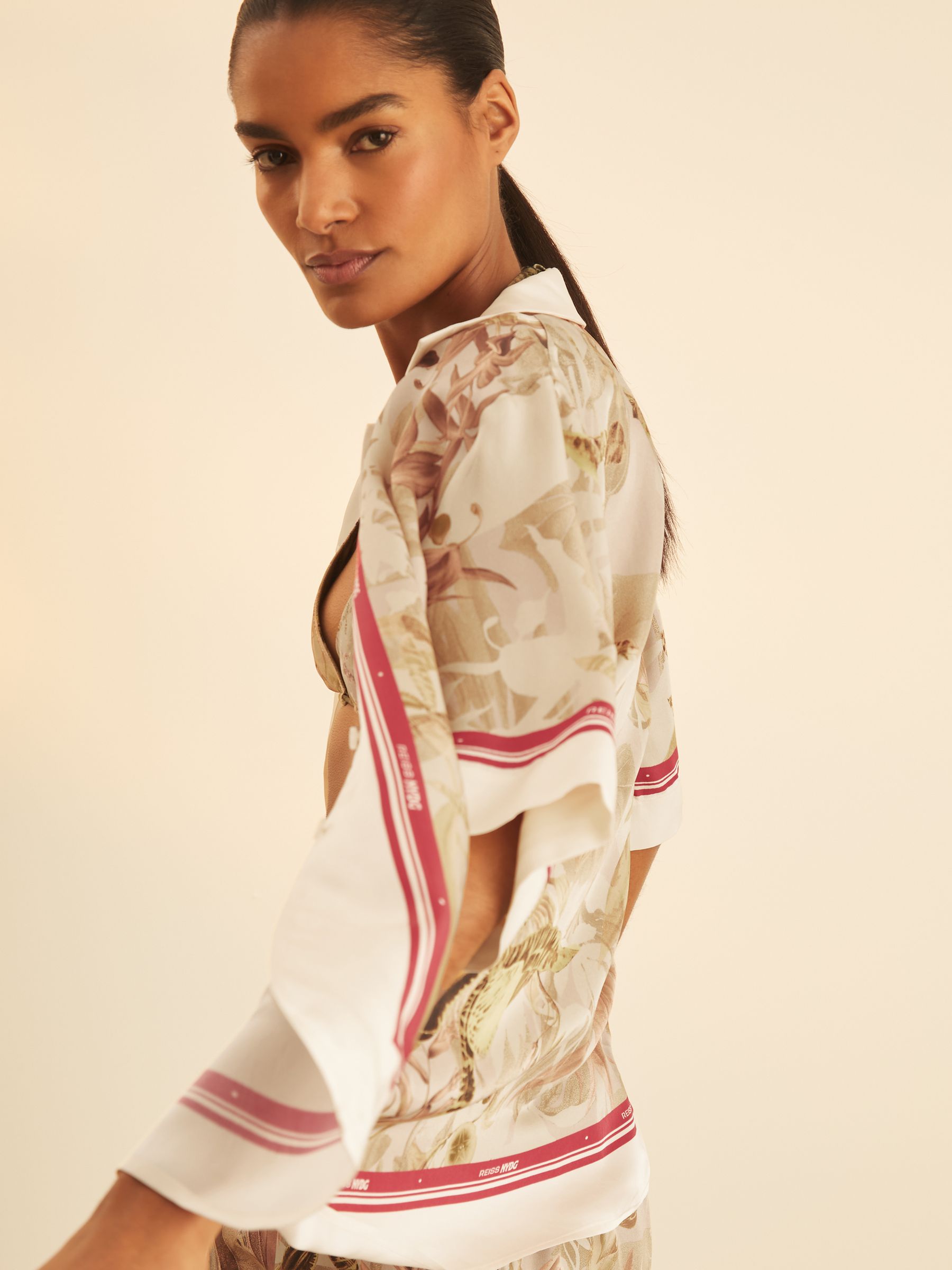 Reiss | NYBG Satin Floral-Print Shirt in Light Khaki - Image 5 of 7