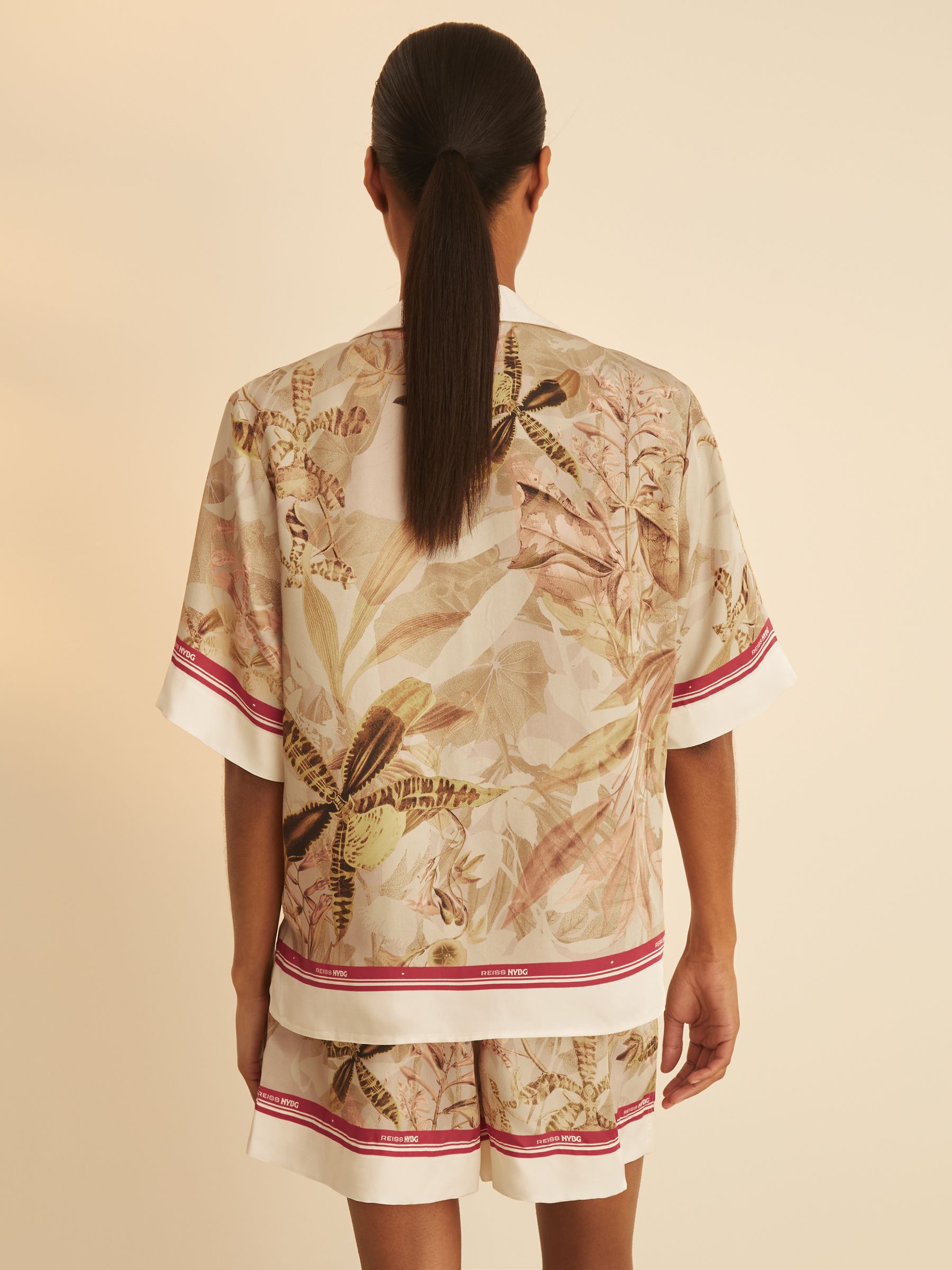 Reiss | NYBG Satin Floral-Print Shirt in Light Khaki - Image 6 of 7