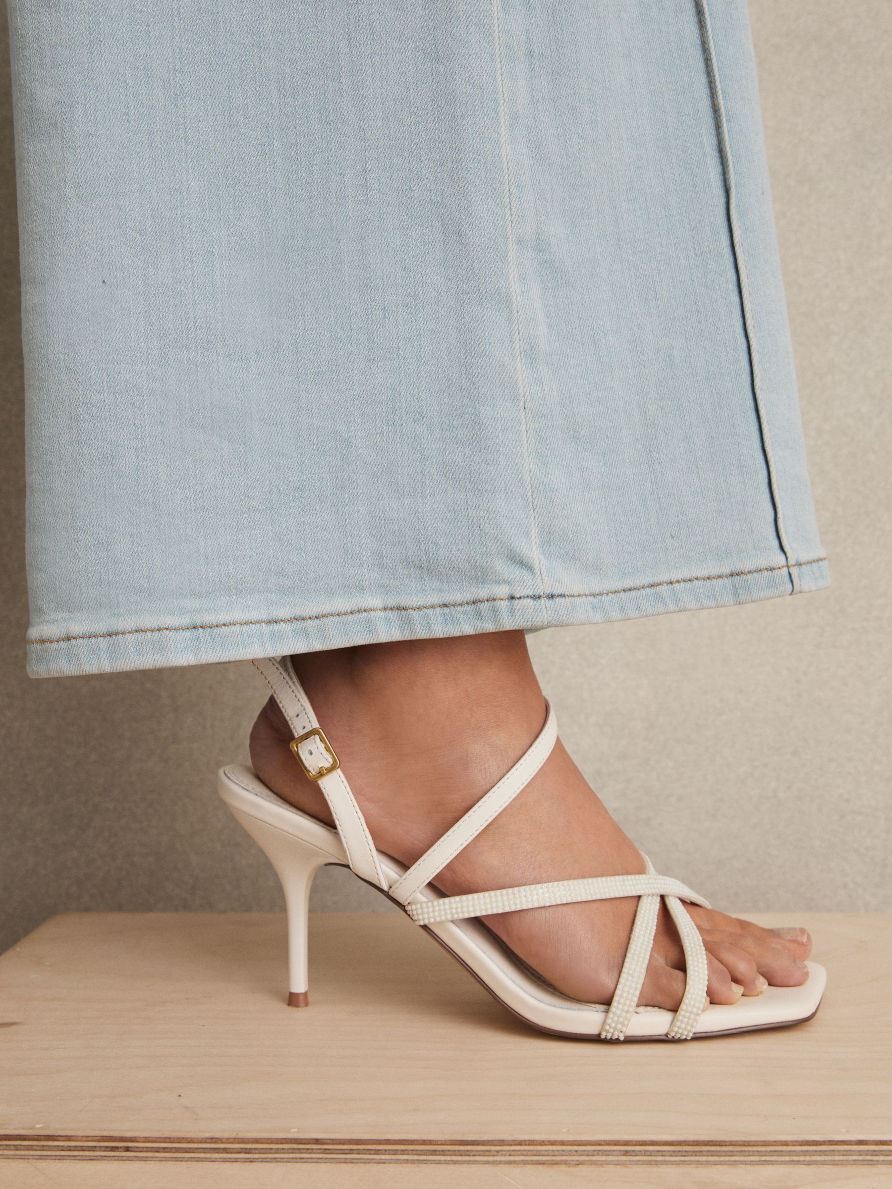 Leather Beaded-Strap Stiletto Sandals in White - Image 2 of 5