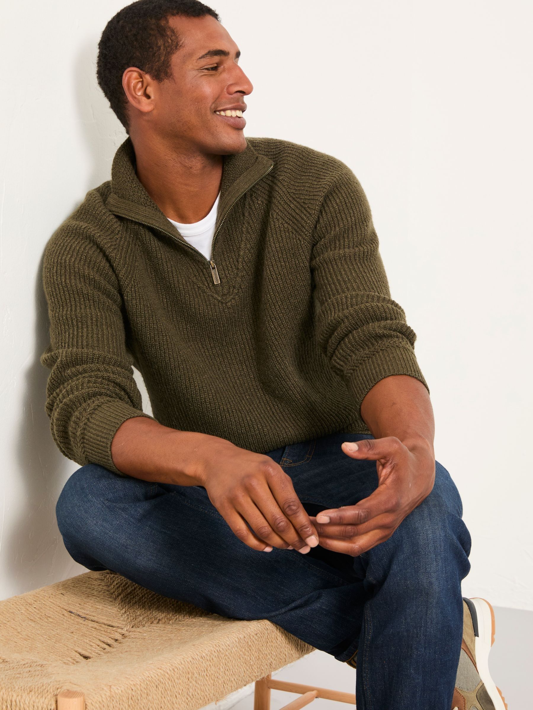 Harwick Khaki Green Half Zip Neck Knitted Jumper | FatFace USA