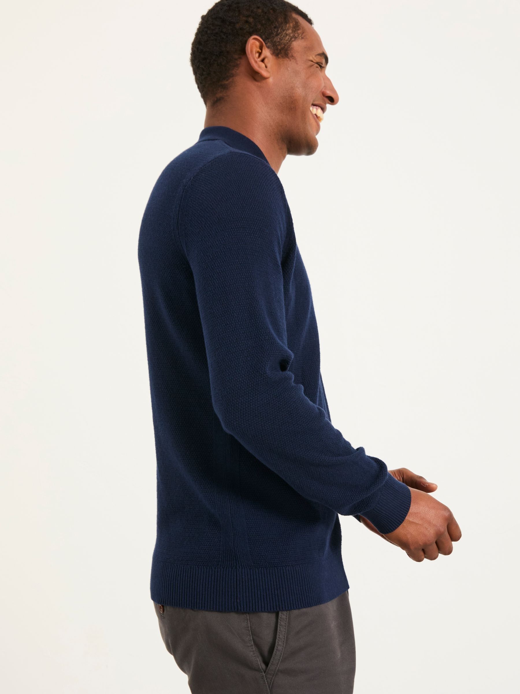 Row Navy Textured Knitted Button Polo - Image 2 of 5