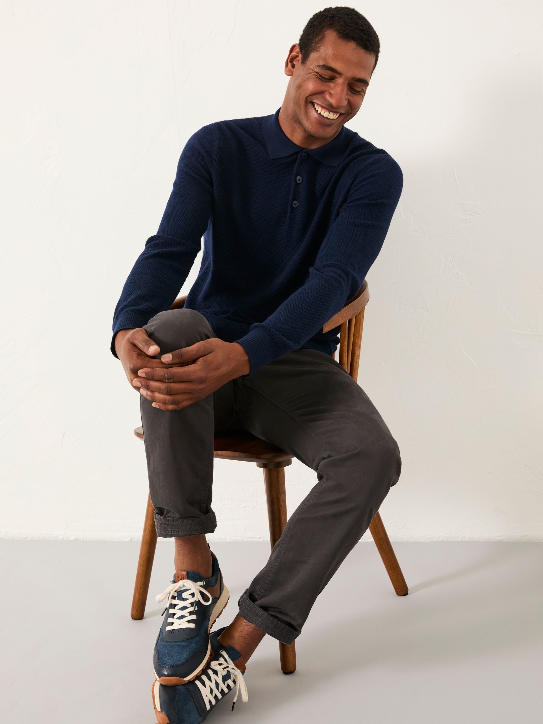Row Navy Textured Knitted Button Polo - Image 3 of 5