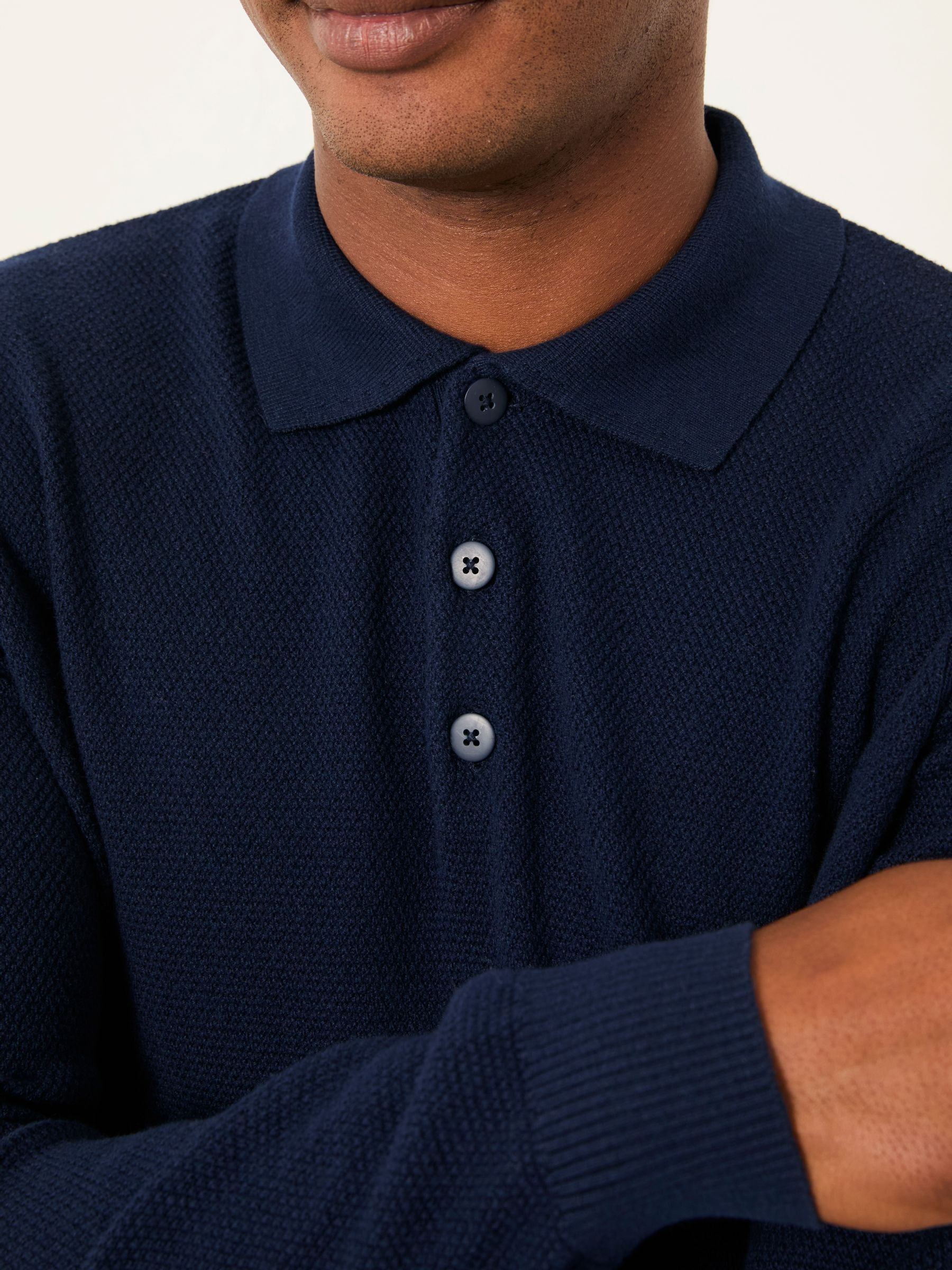 Row Navy Textured Knitted Button Polo - Image 4 of 5