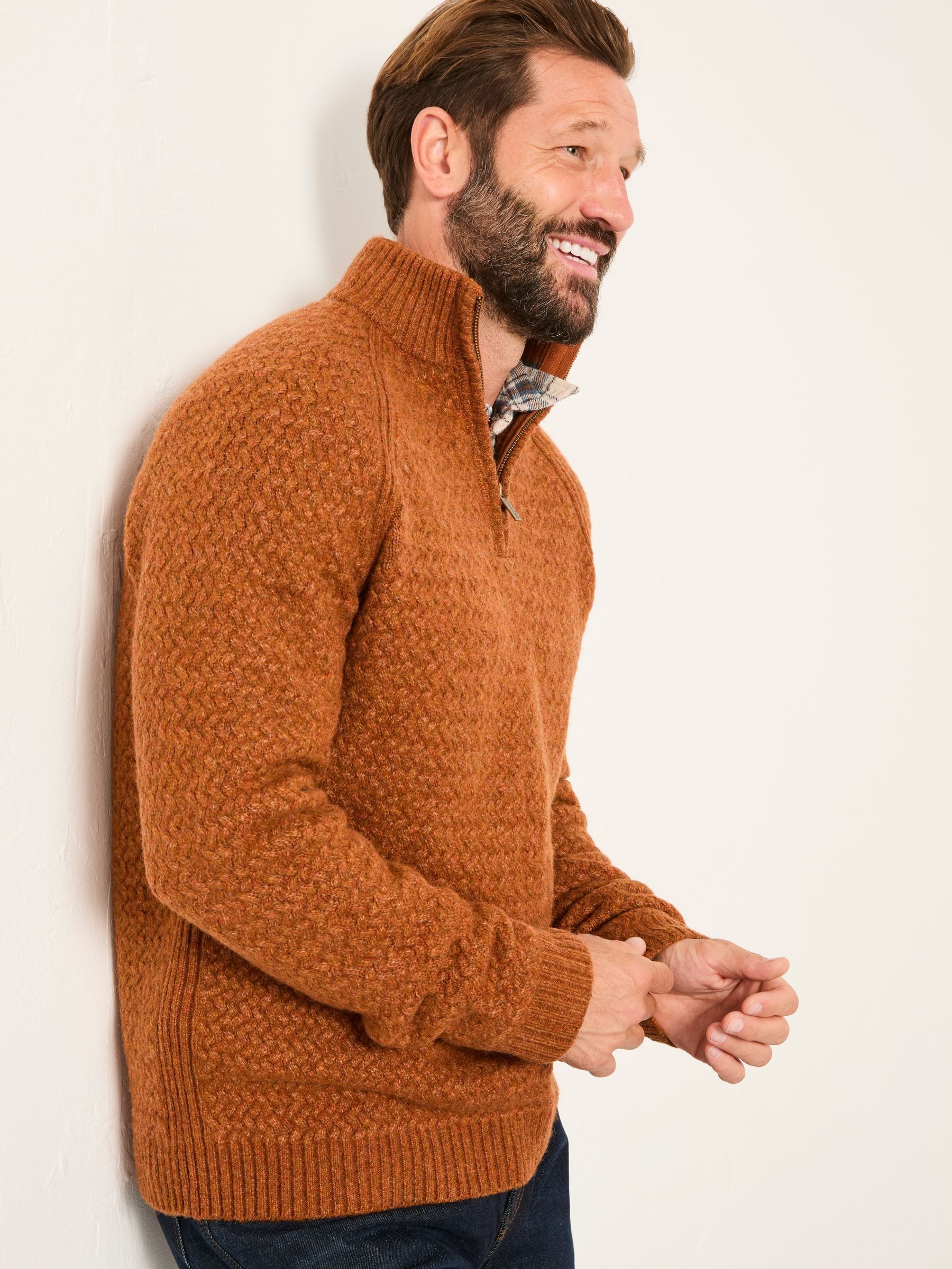 Calder Rust Brown Half Zip Neck Knitted Jumper | FatFace