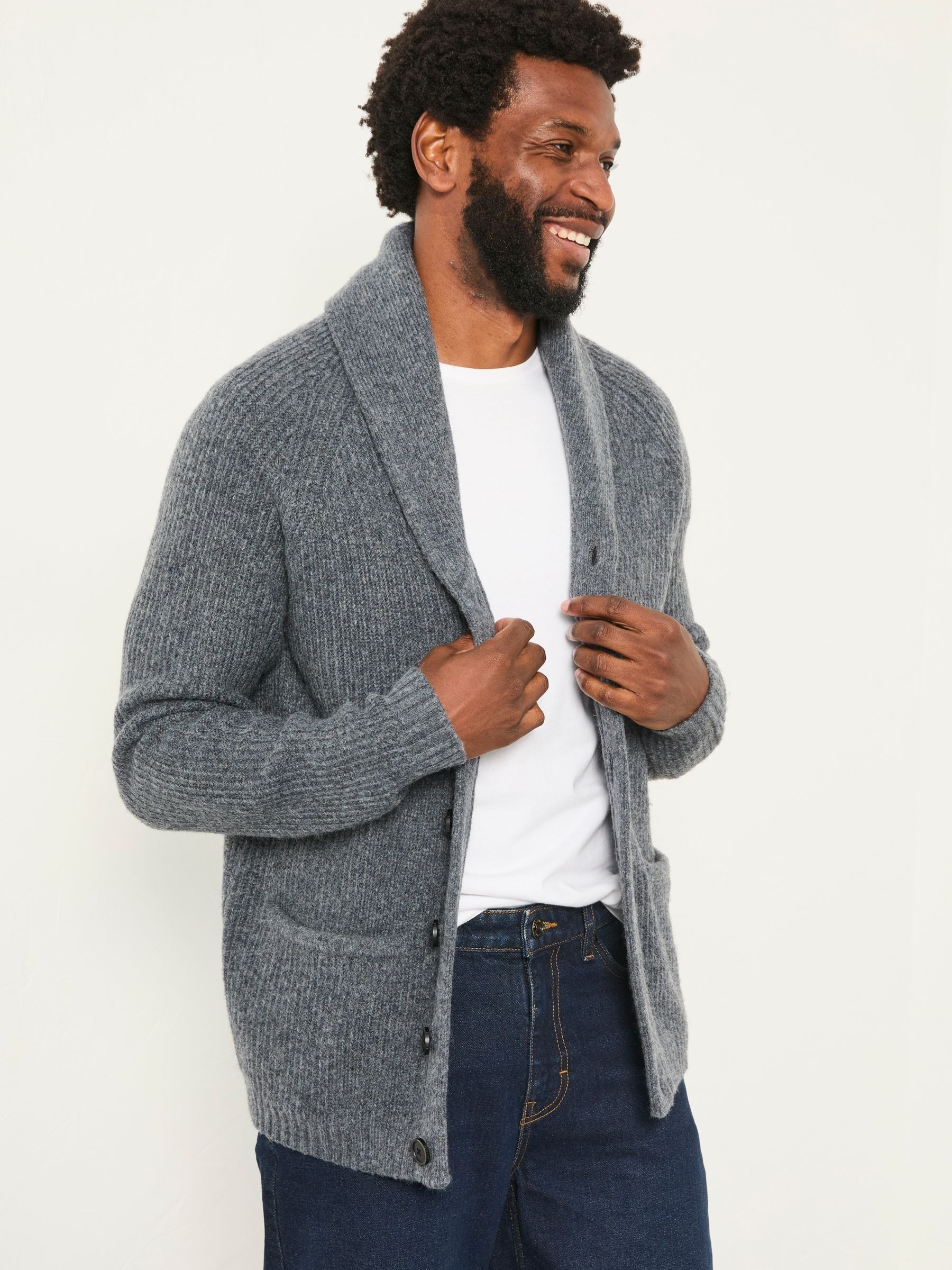 Calder Charcoal Grey Shawl Collar Knitted Cardigan - Image 2 of 6