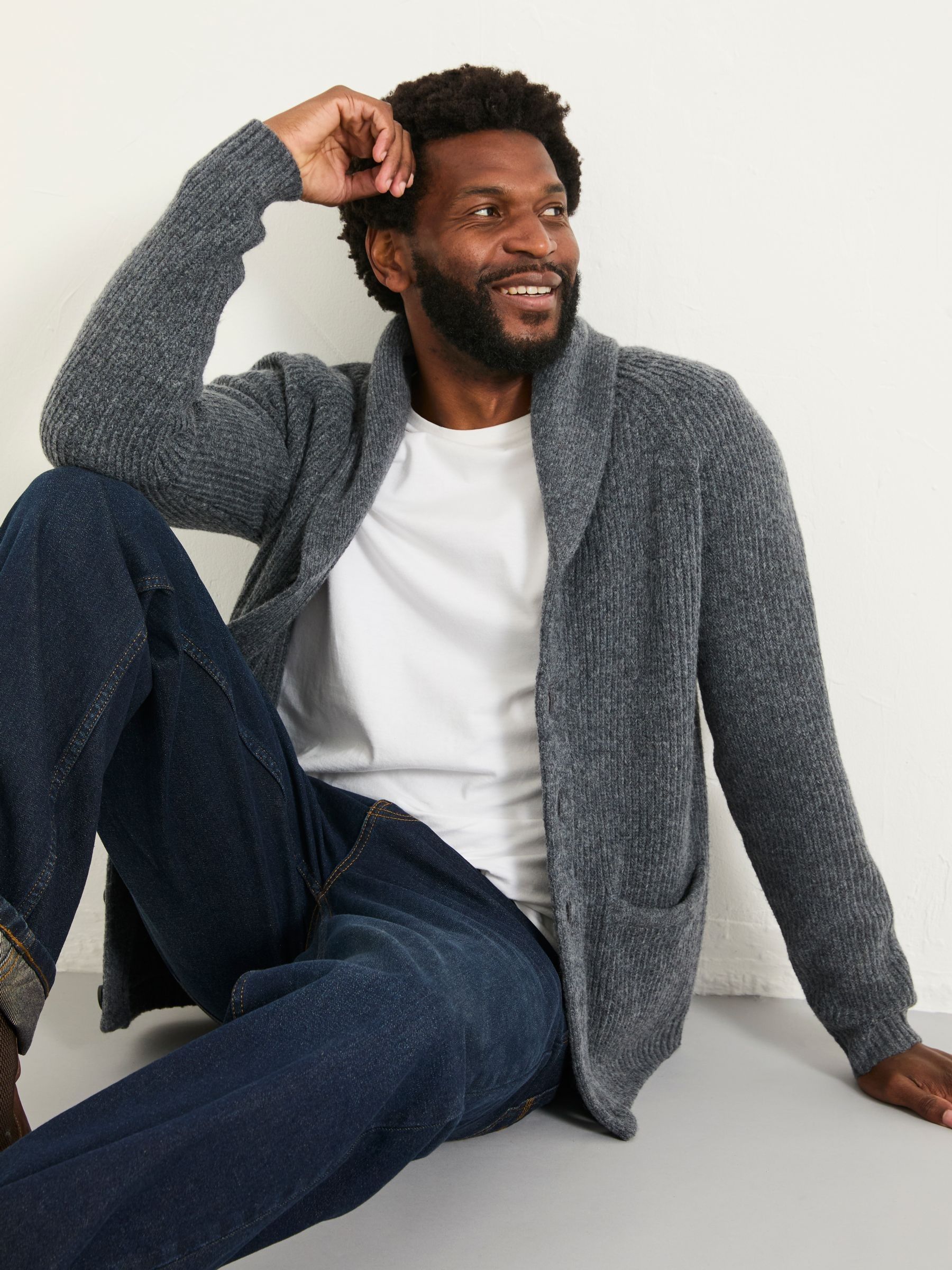 Calder Charcoal Grey Shawl Collar Knitted Cardigan | FatFace USA