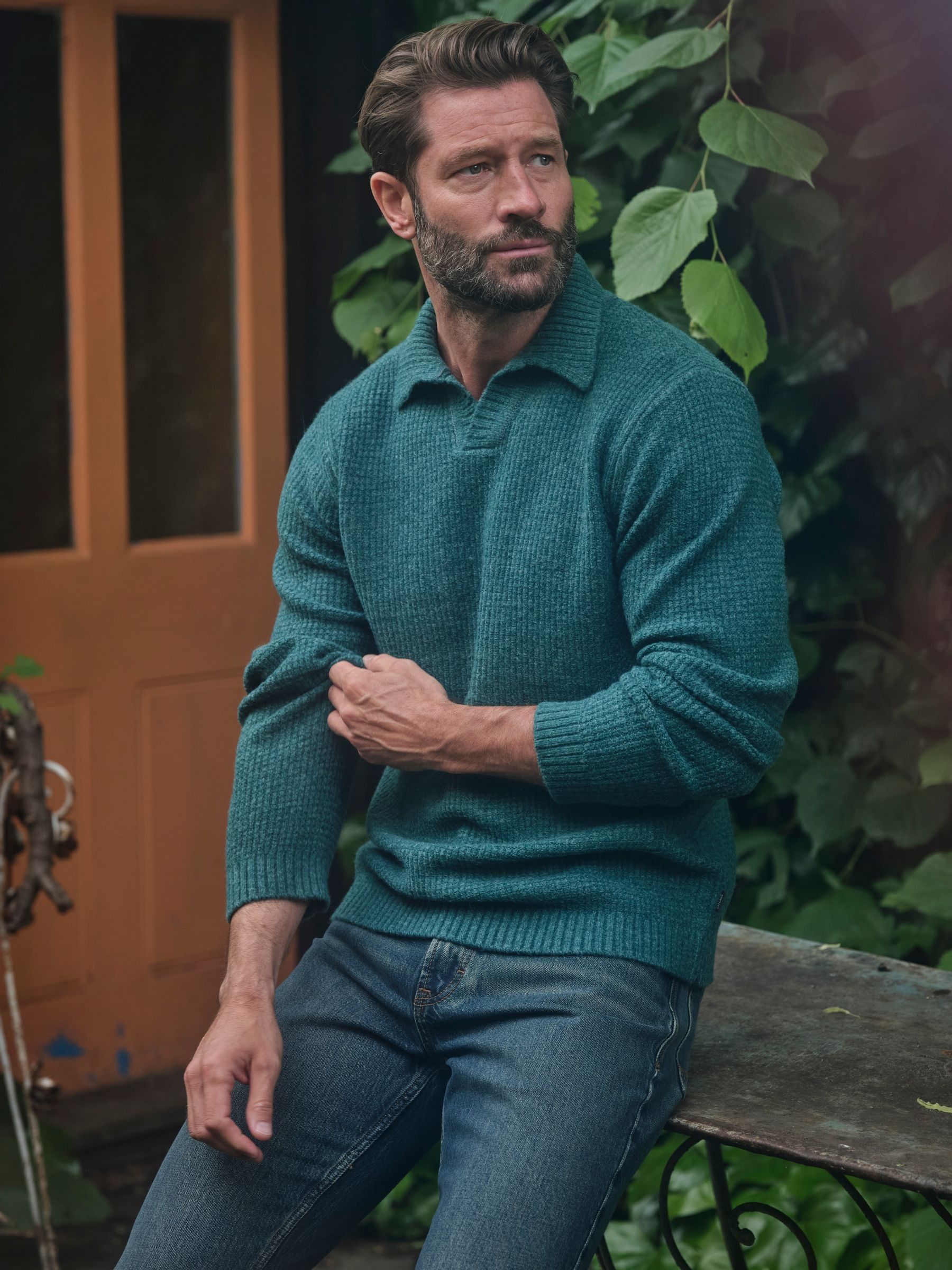Fat Face - Emerald Green - Calder Emerald Green Split Collar Knitted Jumper