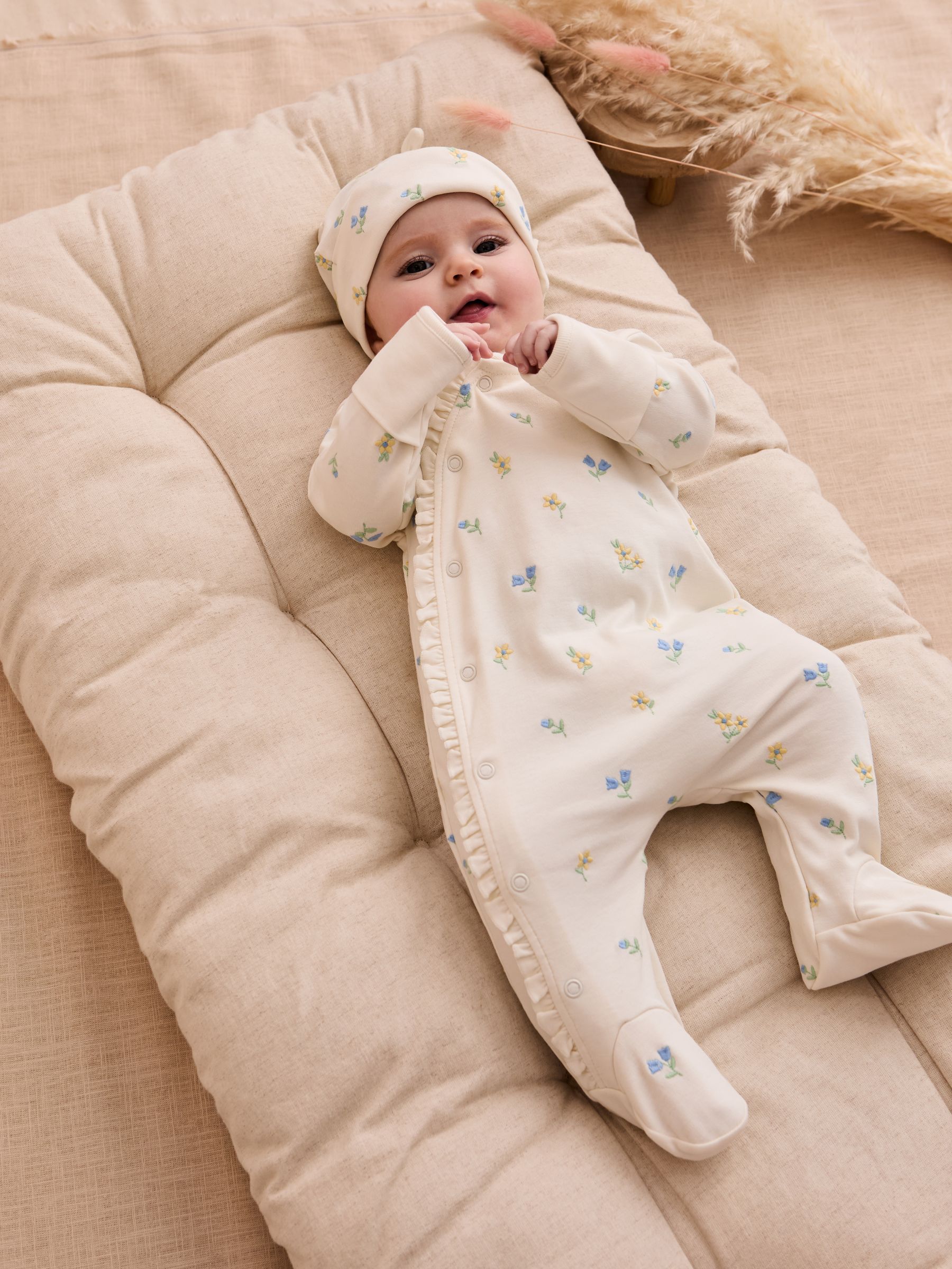 Cream 100% Organic Cotton Floral Embroidered Sleepsuit & Hat Set - Image 1 of 4