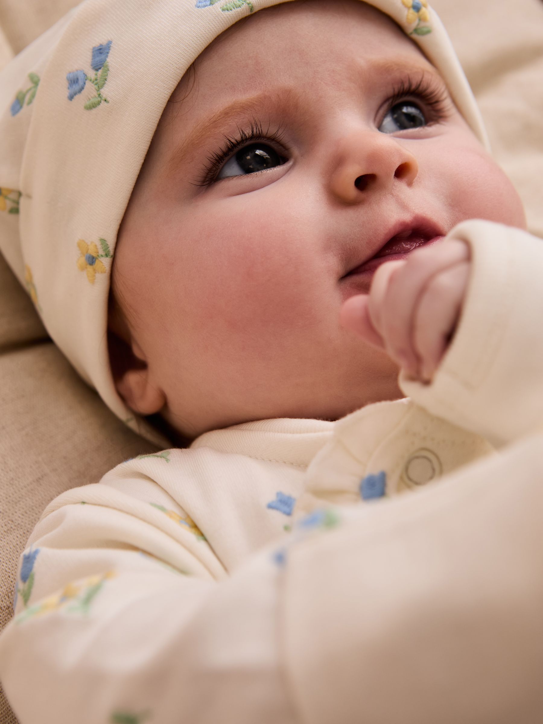 Cream 100% Organic Cotton Floral Embroidered Sleepsuit & Hat Set - Image 2 of 4