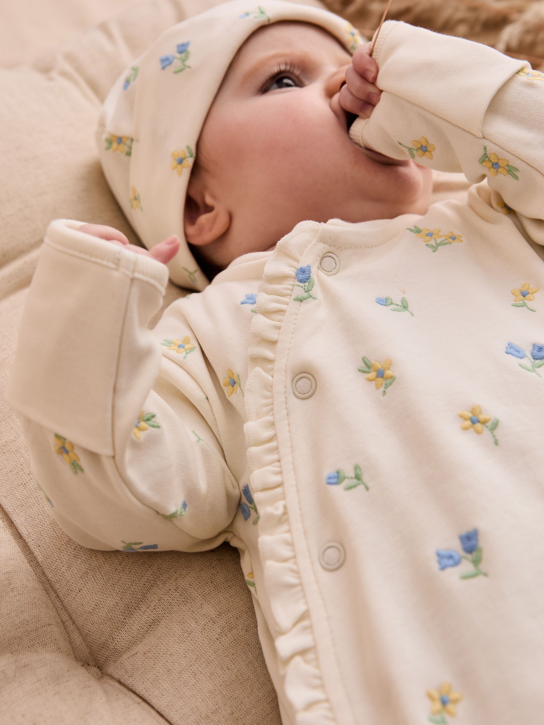 Cream 100% Organic Cotton Floral Embroidered Sleepsuit & Hat Set - Image 3 of 4