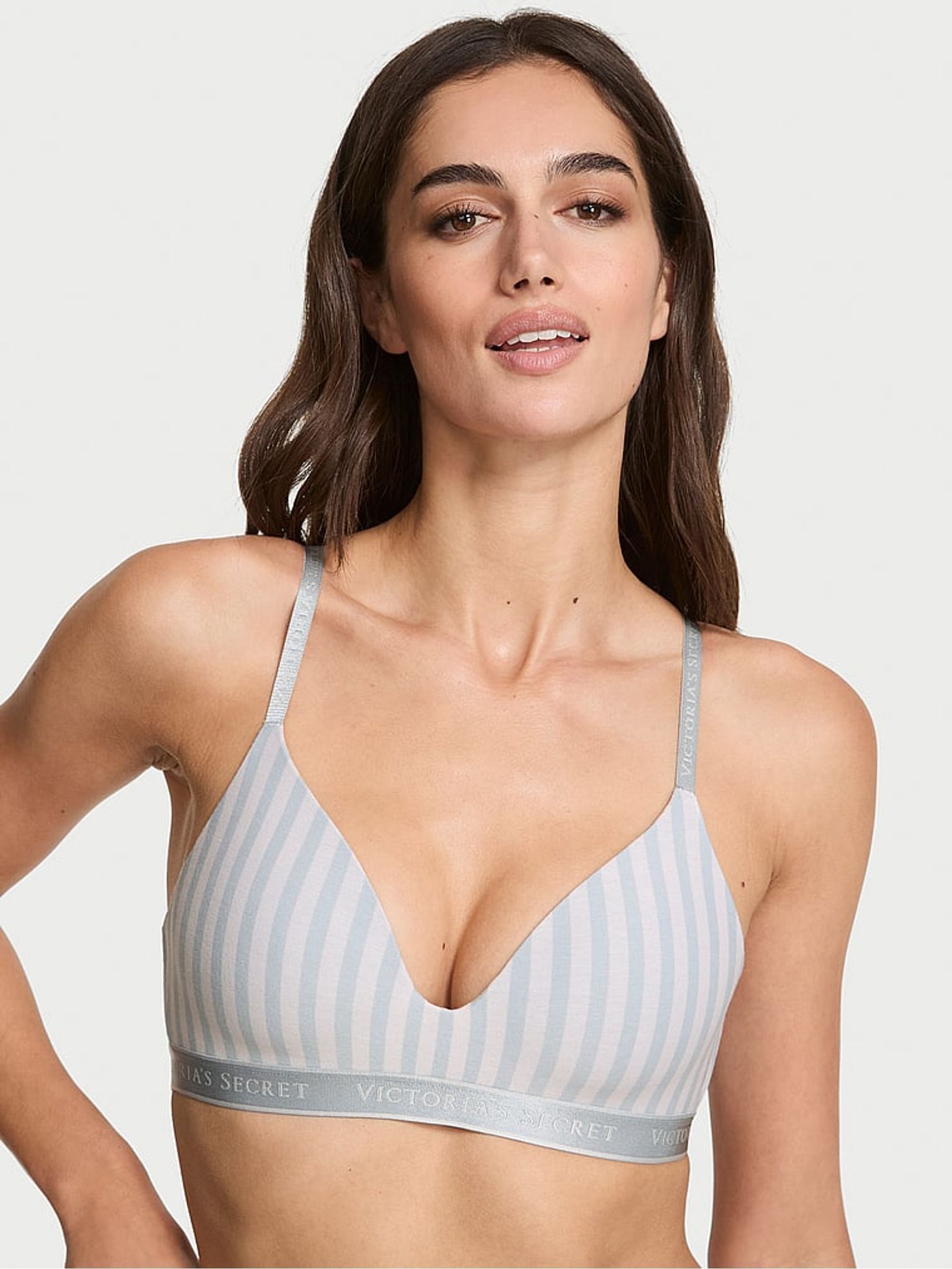 Grey Fog Stripe Non Wired Lightly Lined Cotton Logo Bra - Image 1 of 3