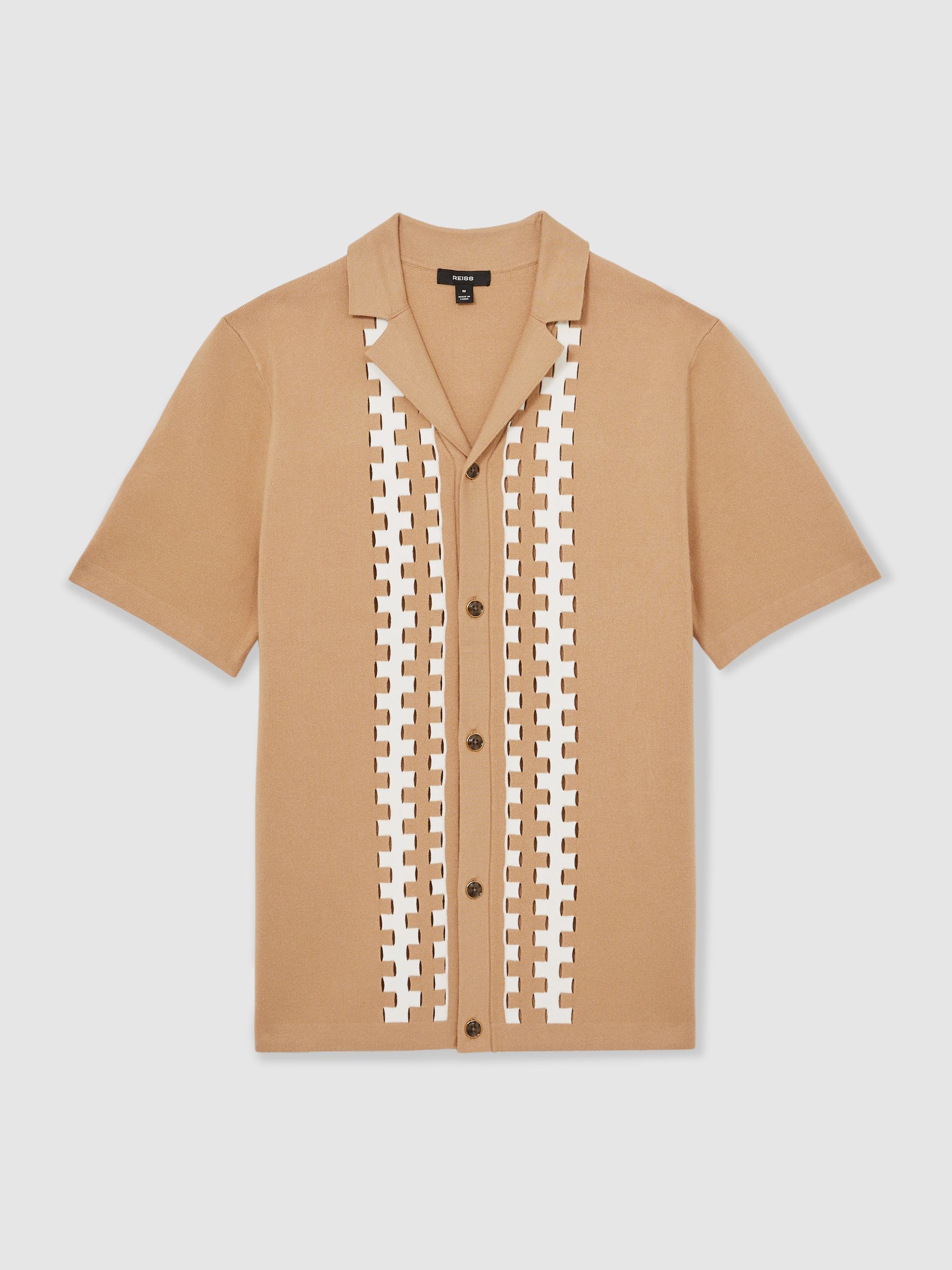 Geometric Cuban Collar Knit Shirt in Camel/Off White - Image 2 of 7