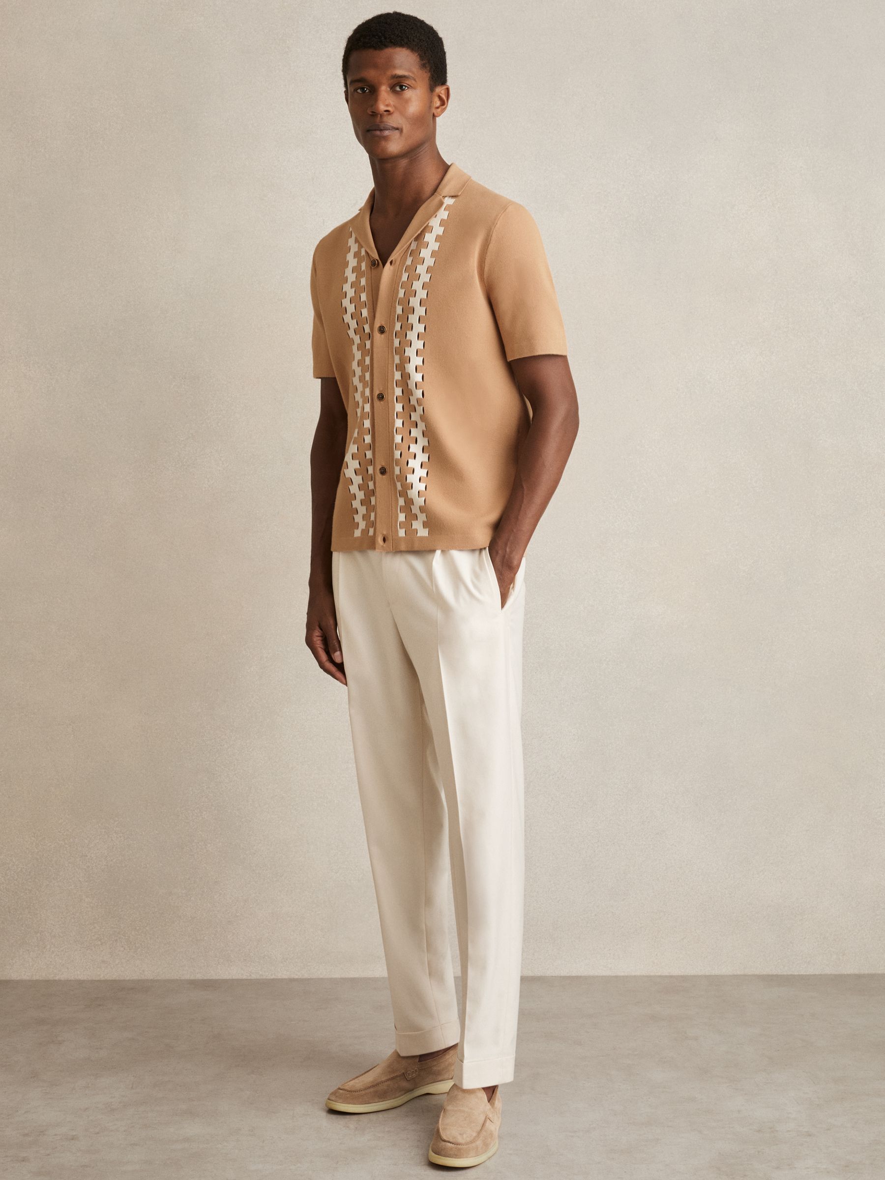 Geometric Cuban Collar Knit Shirt in Camel/Off White - Image 3 of 7