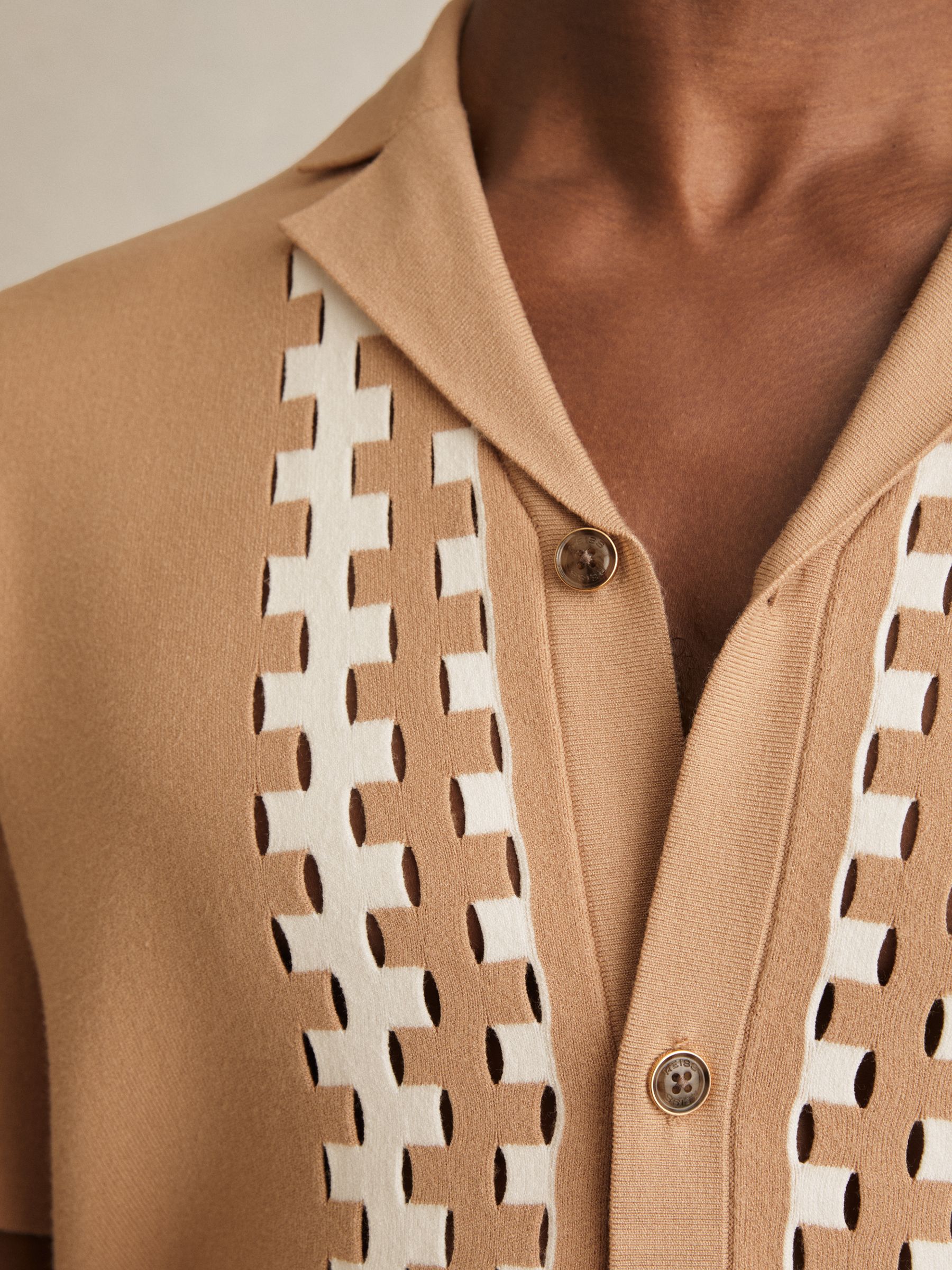 Geometric Cuban Collar Knit Shirt in Camel/Off White - Image 4 of 7