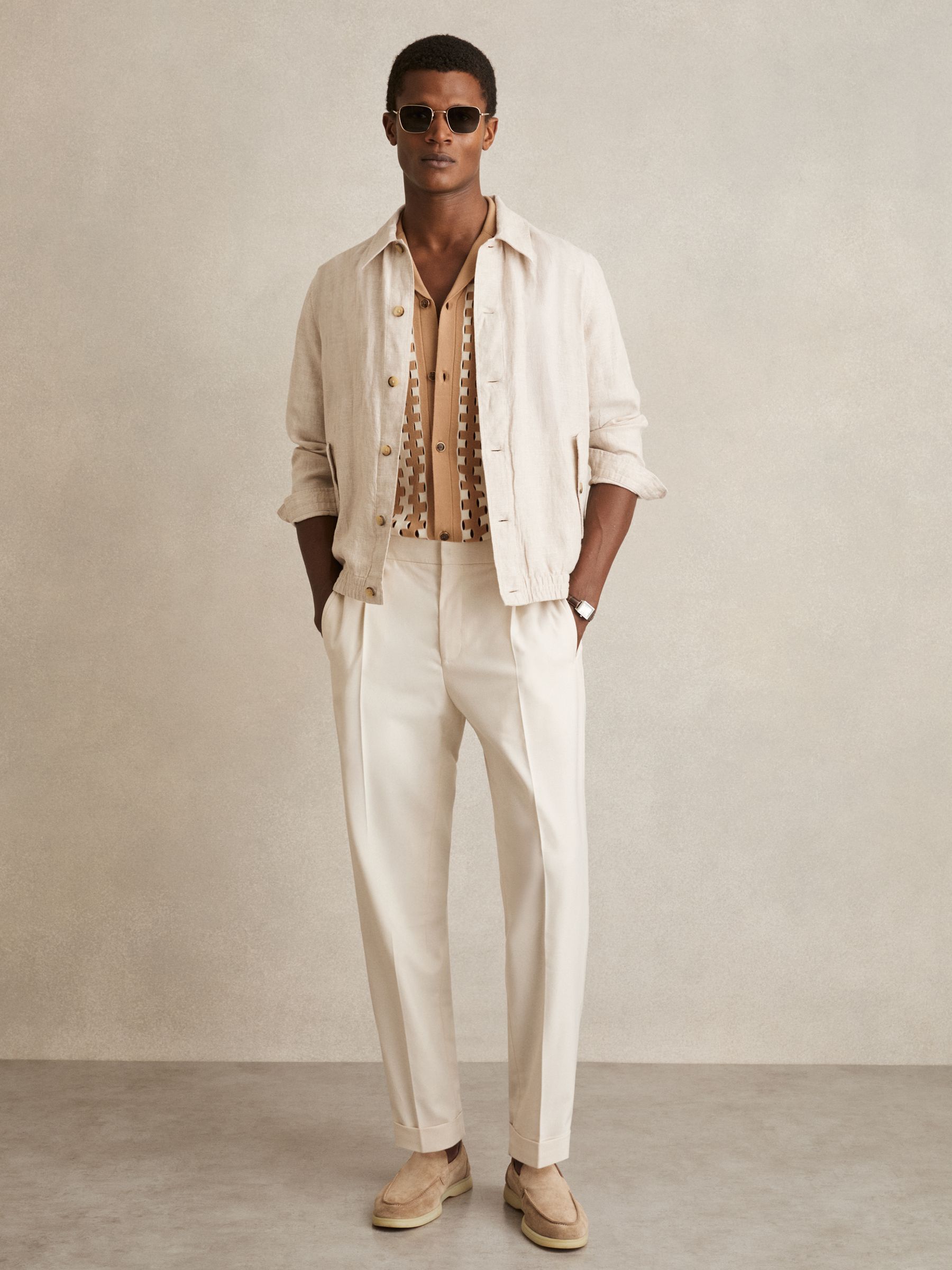 Geometric Cuban Collar Knit Shirt in Camel/Off White - Image 5 of 7
