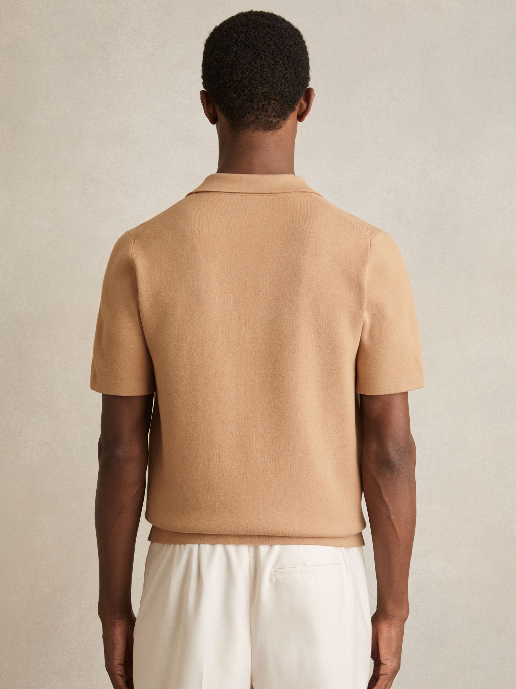 Geometric Cuban Collar Knit Shirt in Camel/Off White - Image 6 of 7