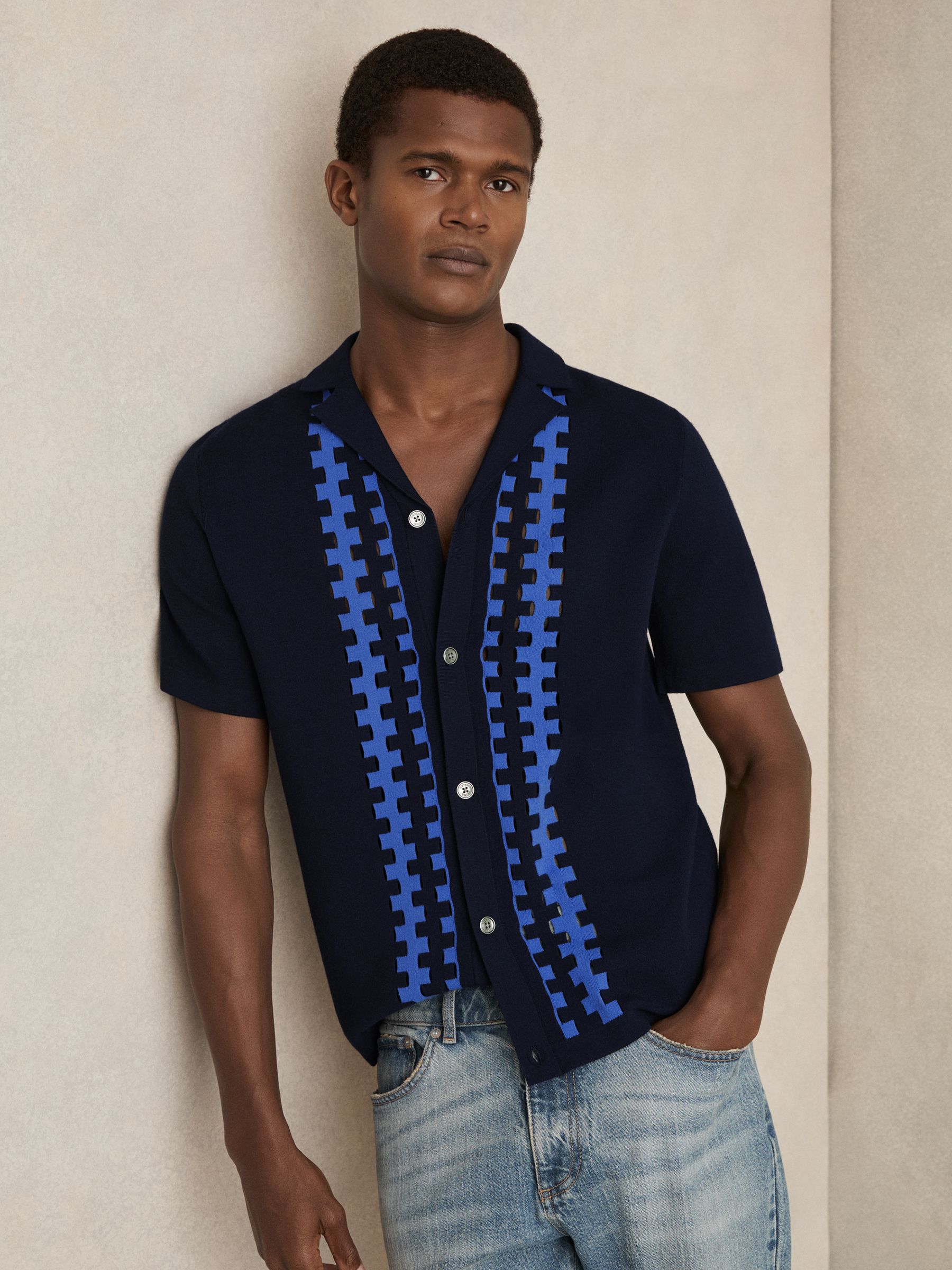 Geometric Cuban Collar Knit Shirt in Navy/Blue - Image 1 of 5